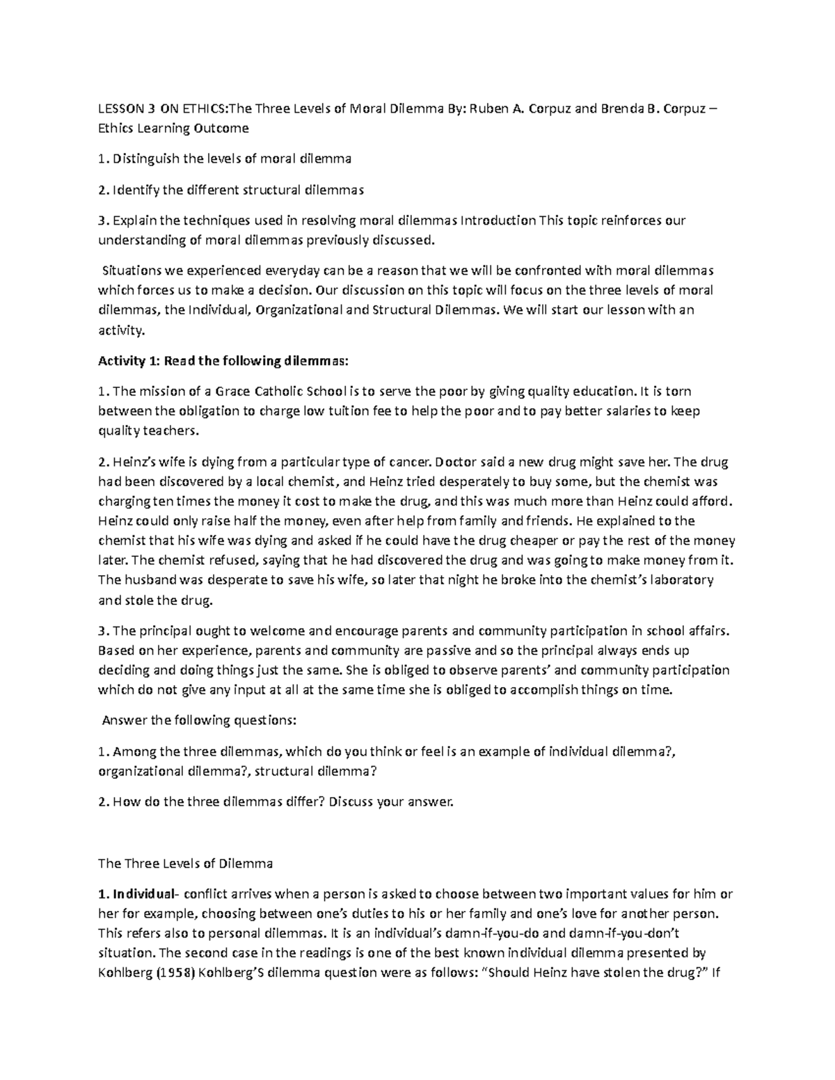 Stages Of Moral Dillemma Lesson 3 On Ethicsthe Three Levels Of Moral Dilemma By Ruben A 7516