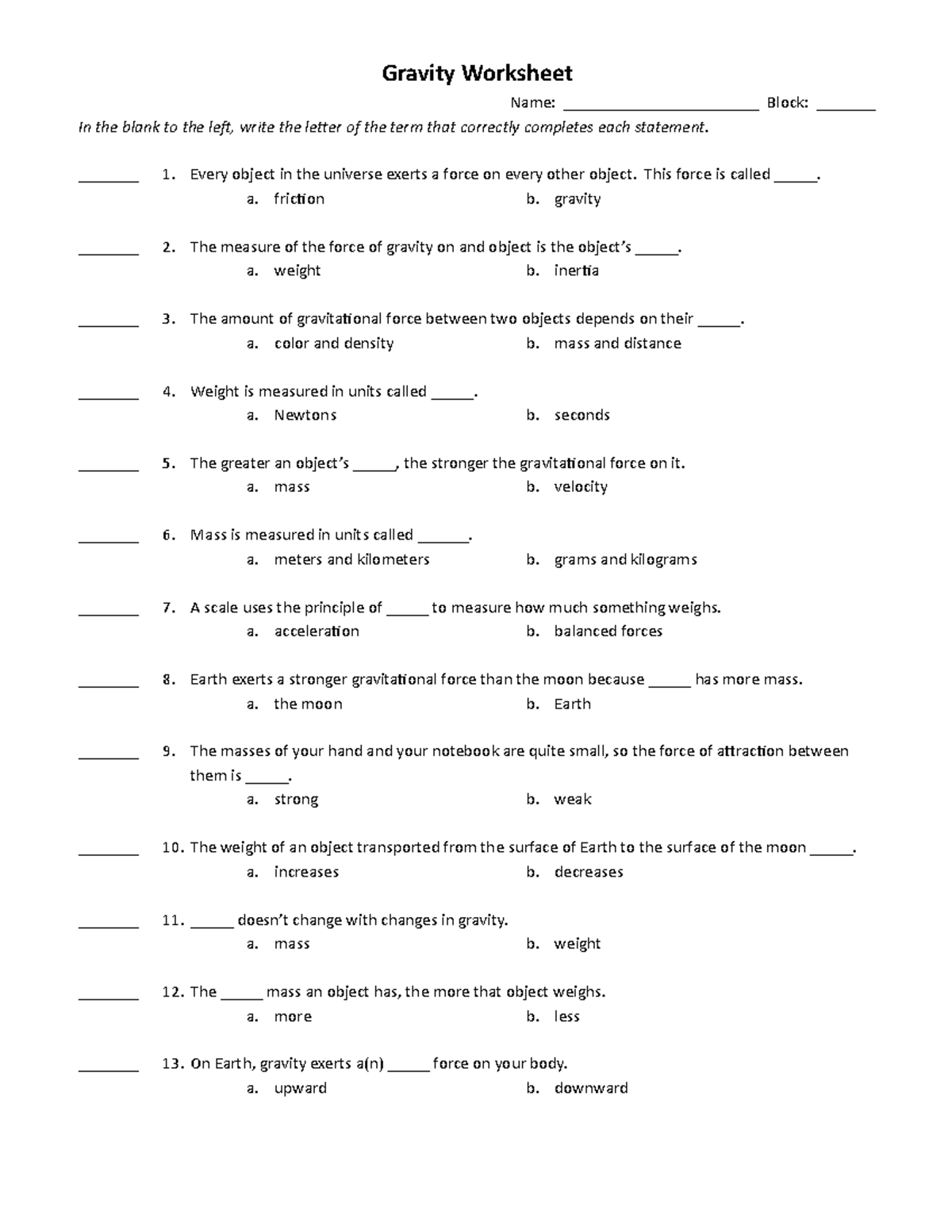 Gravity Worksheet 24 - BI 24 - Genetics and Molecular Biology Within Friction And Gravity Worksheet