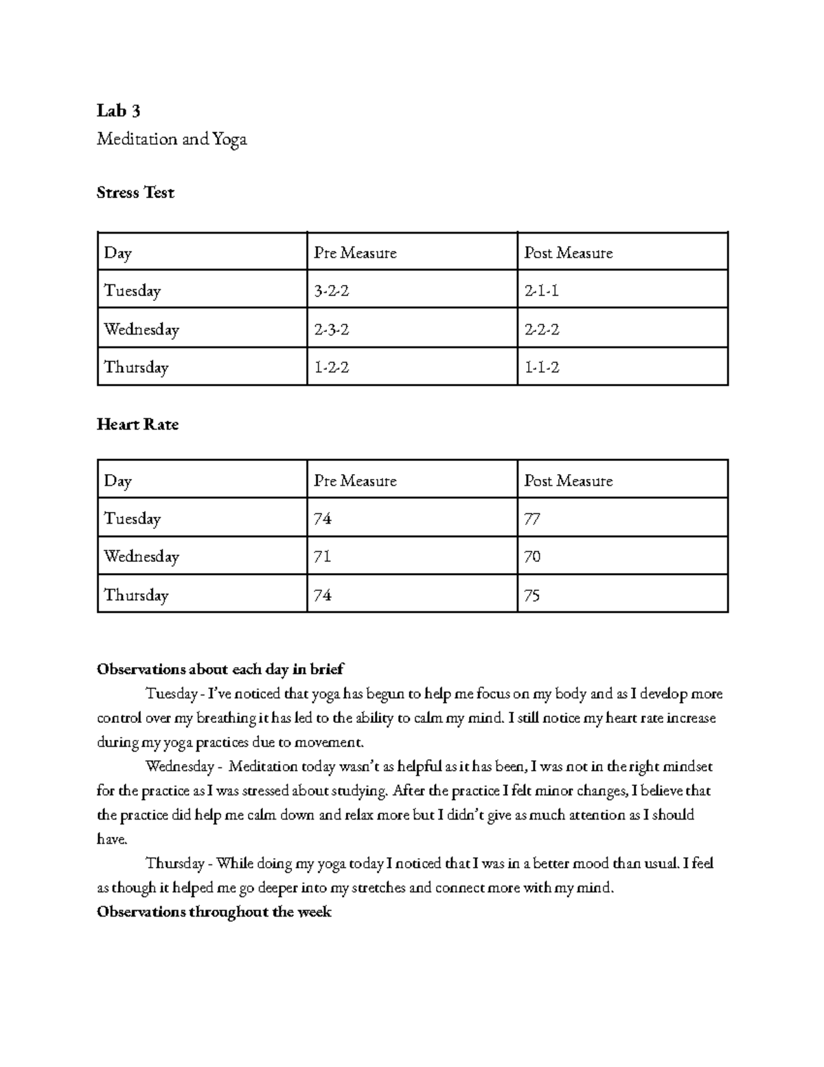 Lab 3 - lab report on measured stress perception week one - Lab 3 ...