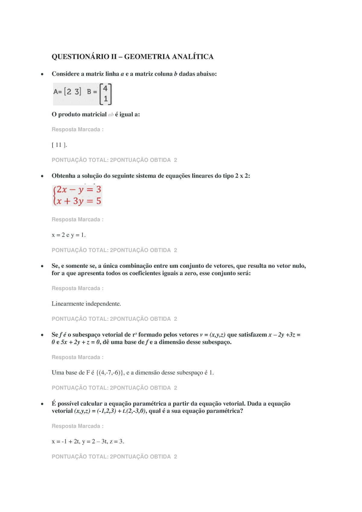 Questionário II - Geometria Analitica - QUESTIONÁRIO II – GEOMETRIA ...