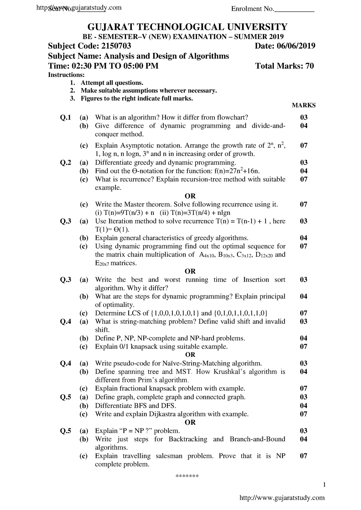 ADA paper gtu S2019-2150703 - 1 Seat No.: ________ Enrolment No ...