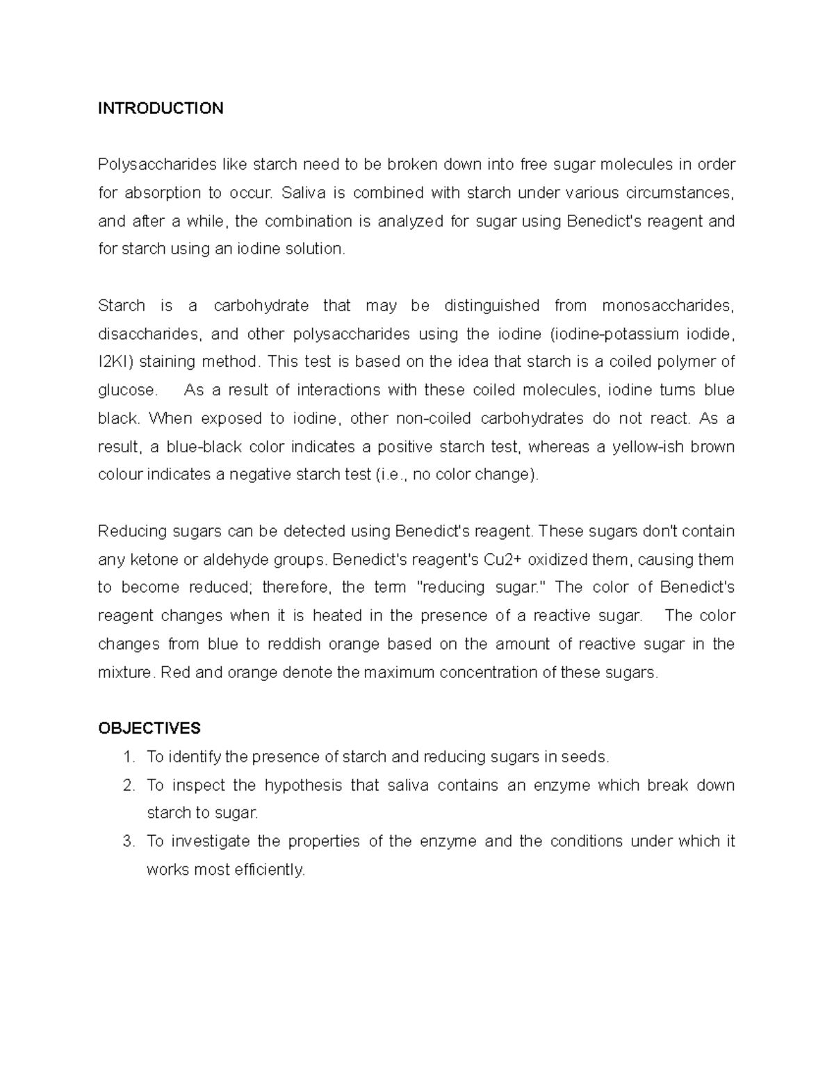BIO270 Lab report - INTRODUCTION Polysaccharides like starch need to be ...