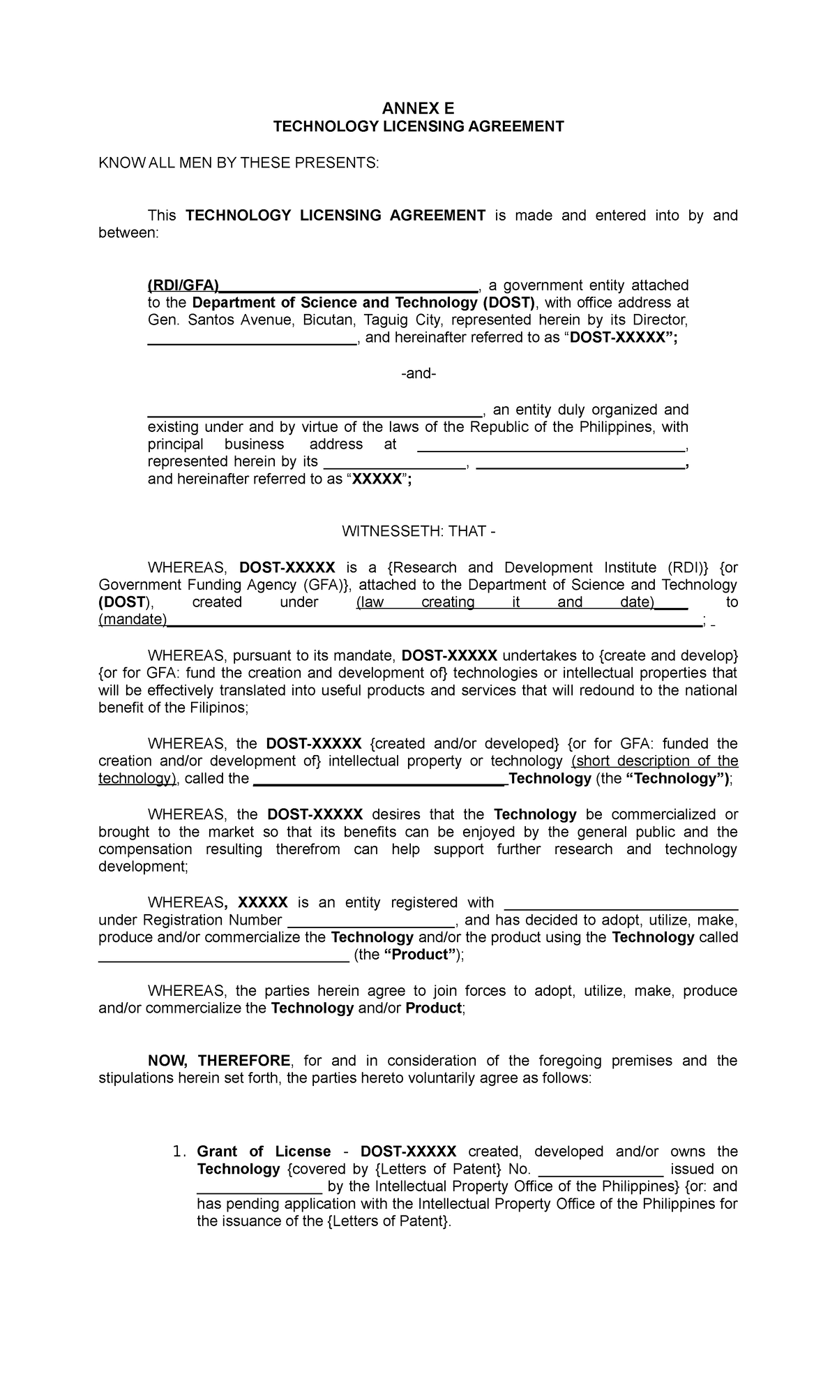 Annex E - docs from dost - ANNEX E TECHNOLOGY LICENSING AGREEMENT KNOW ...