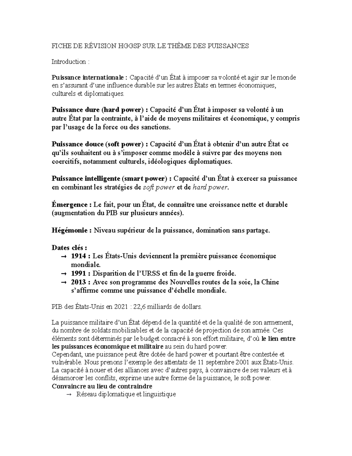 Fiche DE Révision Hggsp SUR LE Thème DES Puissances - FICHE DE RÉVISION ...