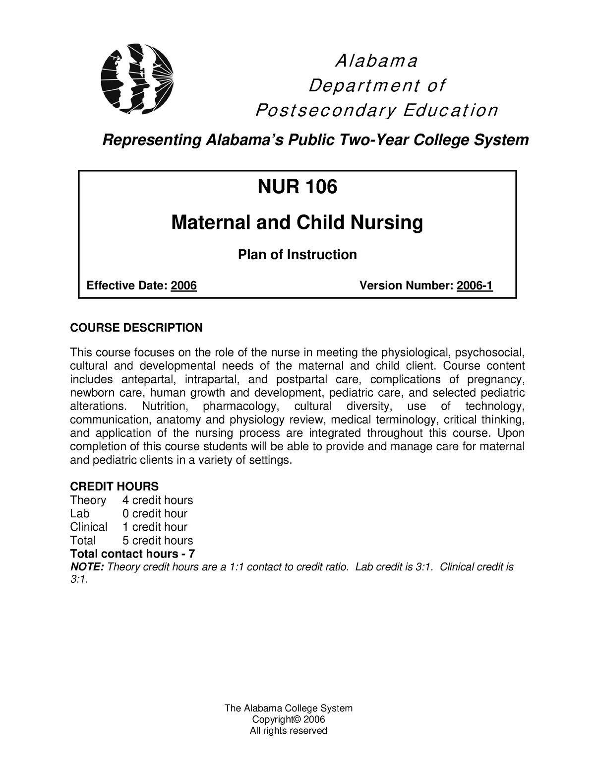 NUR 106 - Maternal and Child Nursing POI - The Alabama College System ...