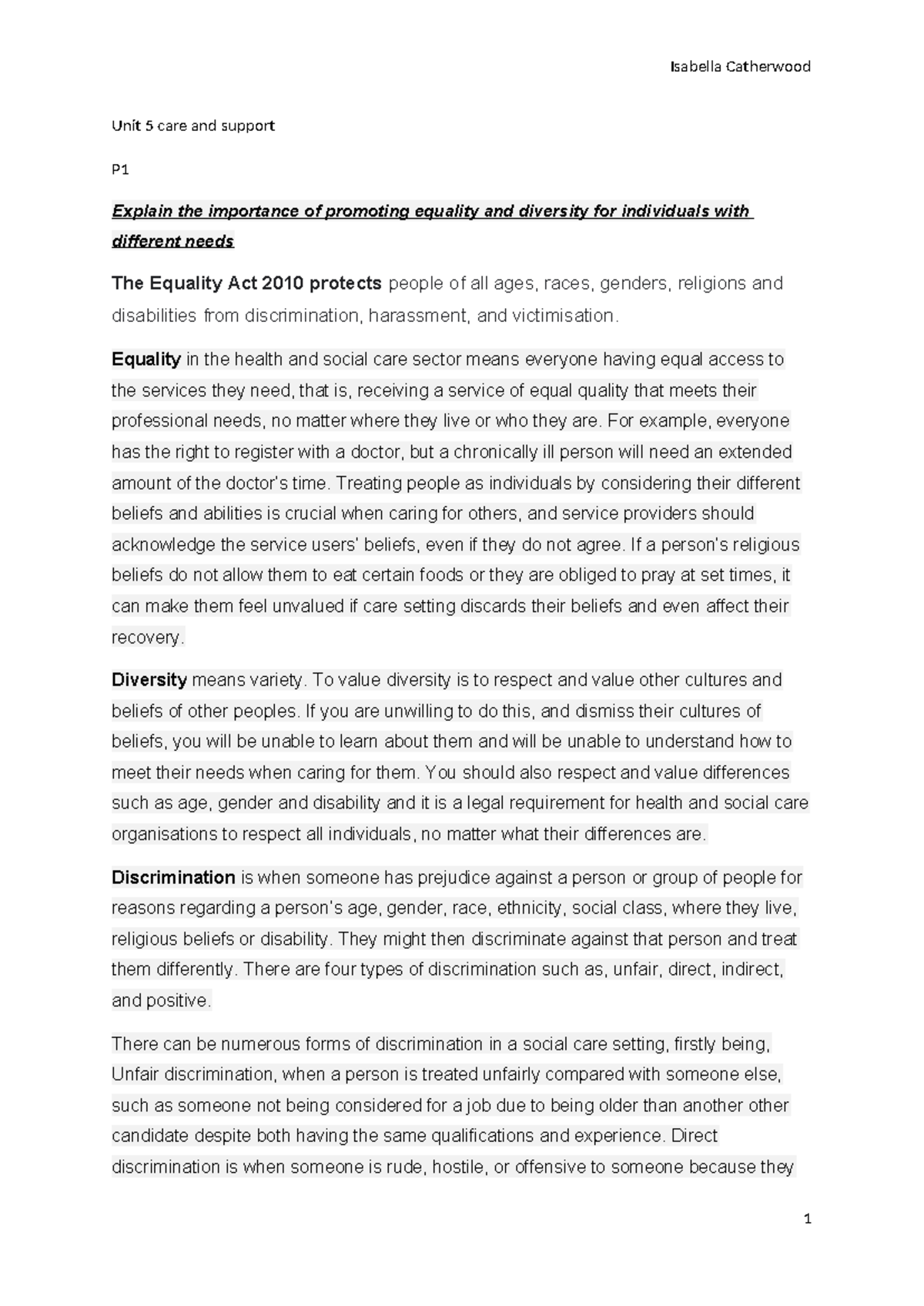 Unit 5 care and support - assignment 1 - Unit 5 care and support P ...