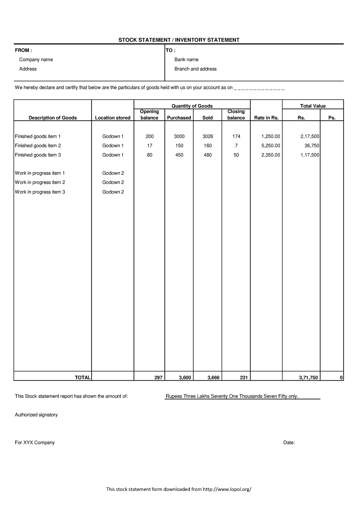 Stock statement format for bank loan FROM TO Company name