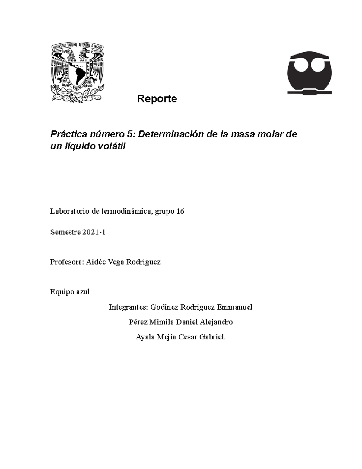 Reporte 5 Masa Molar Reporte Pr ctica N mero 5 Determinaci n De La