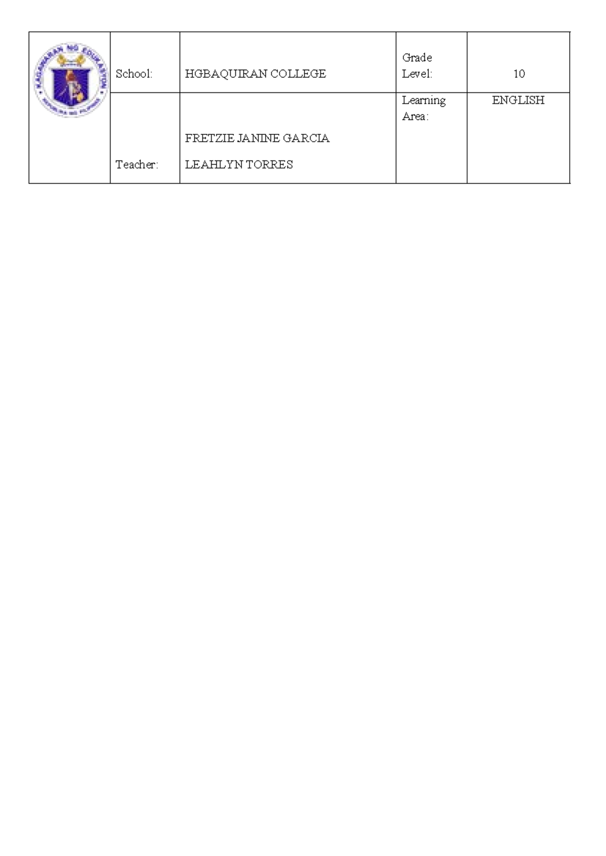 Dlp-final - DETAILED LEDDON PLAN - School: HGBAQUIRAN COLLEGE Grade ...