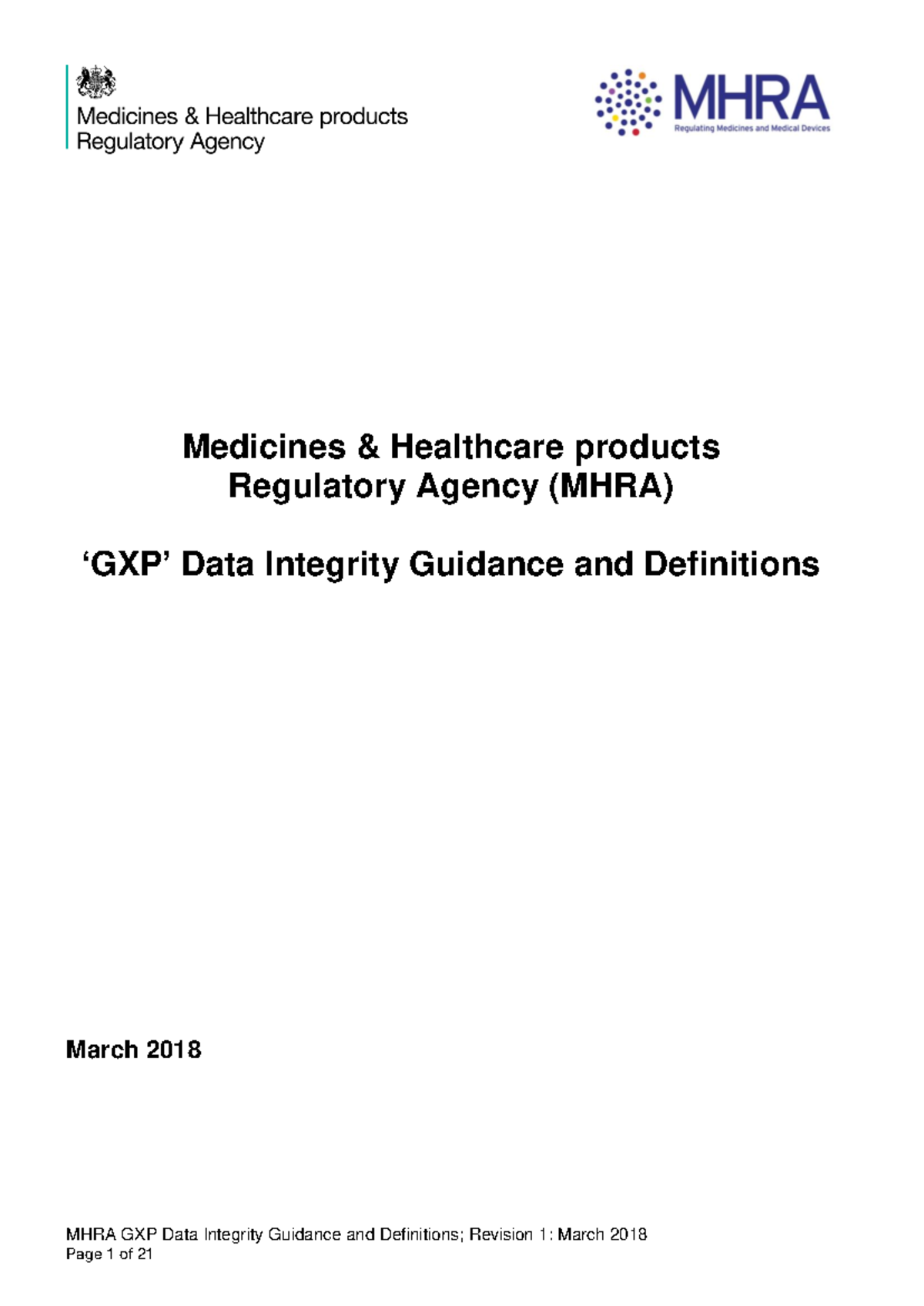 MHRA Gx P data integrity guide March edited Final MHRA GXP Data