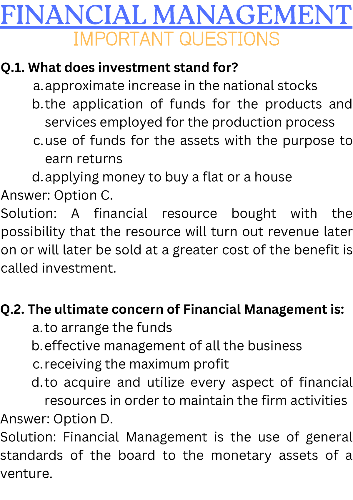 essay questions on financial management