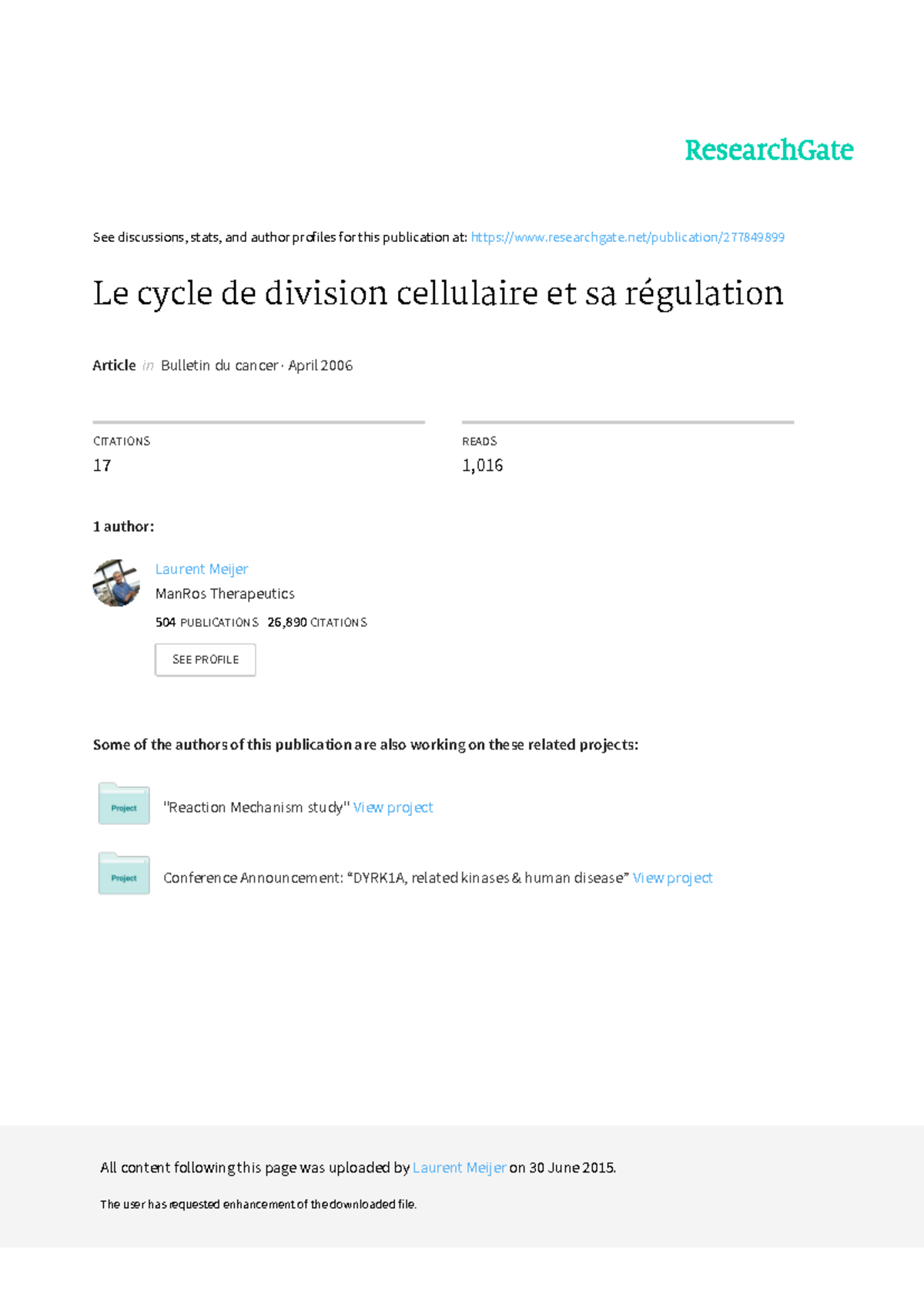 Le Cycle De Division Cellulaire Et Sa Regulation See Discussions Stats And Author Profiles For Studocu