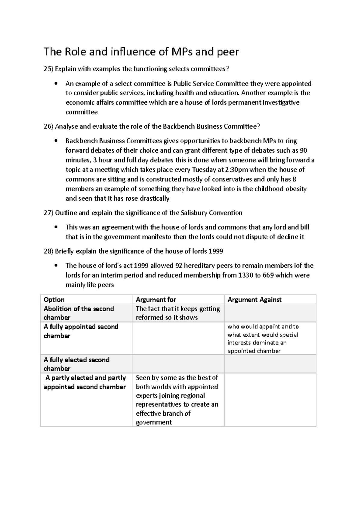 Politics HW Political The Role and influence of MPs and peer