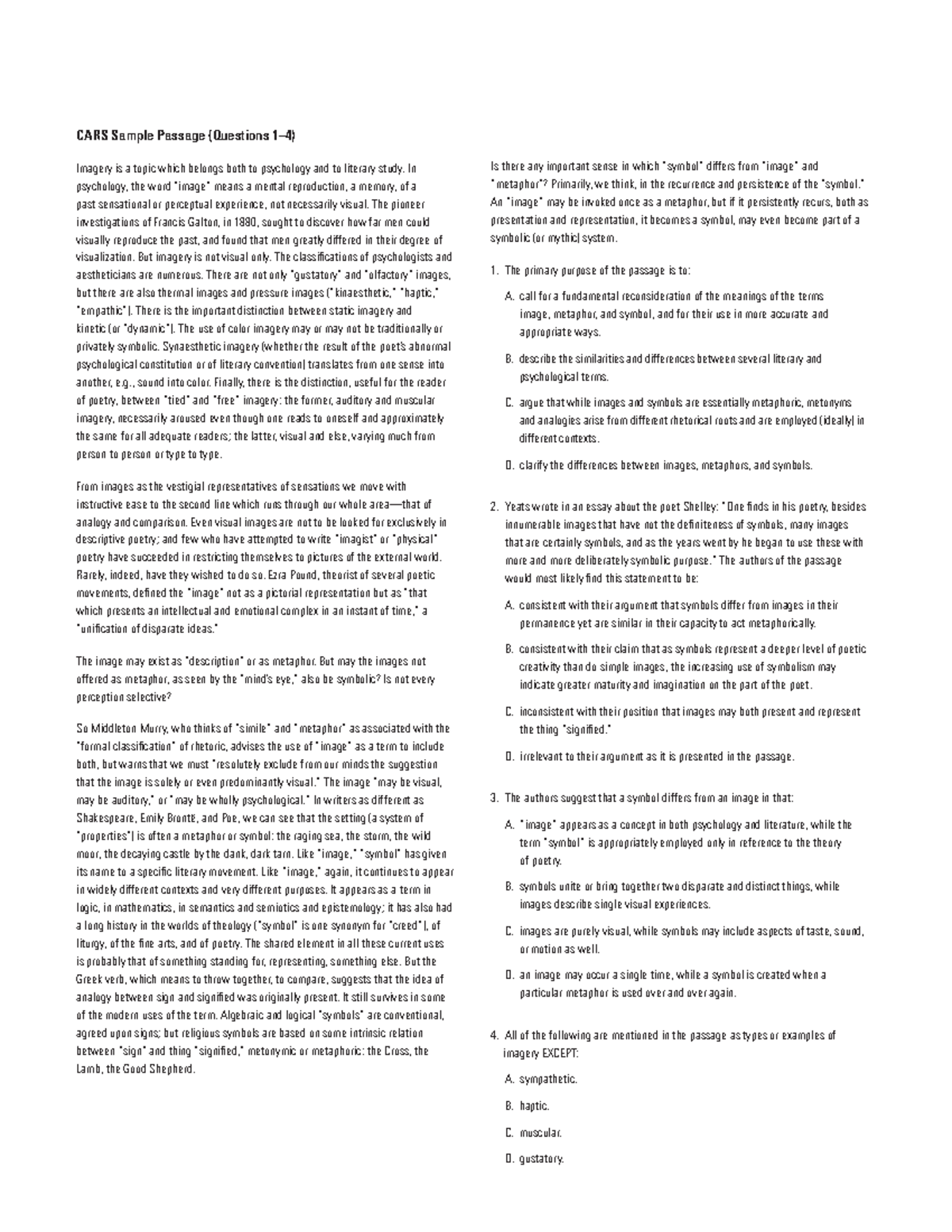 MCAT CARS Passage CARS Sample Passage (Questions 14) Imagery is a