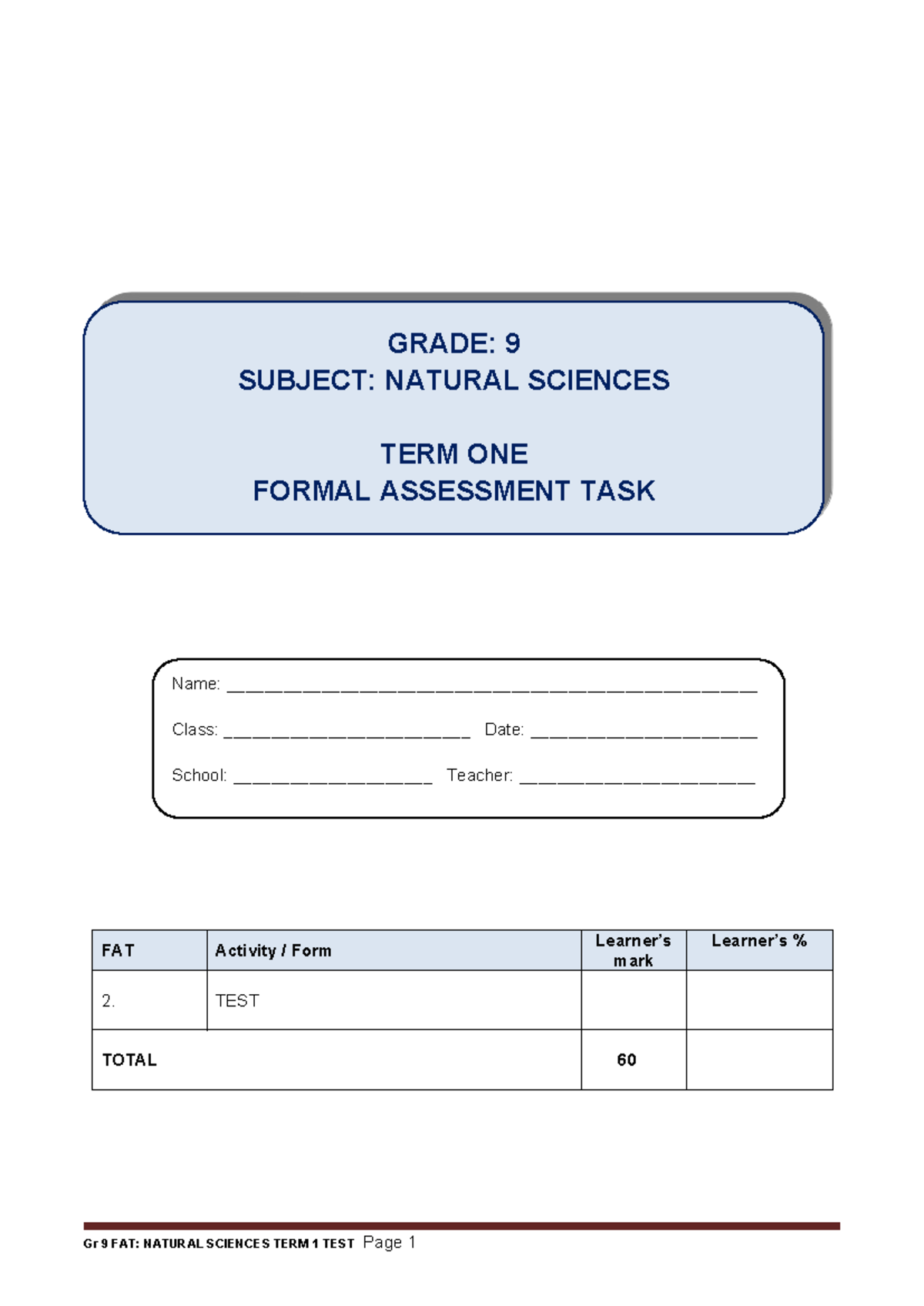 2024 NST Grade 9 TEST TERM 1 Marking Guidelines - FAT Activity / Form ...