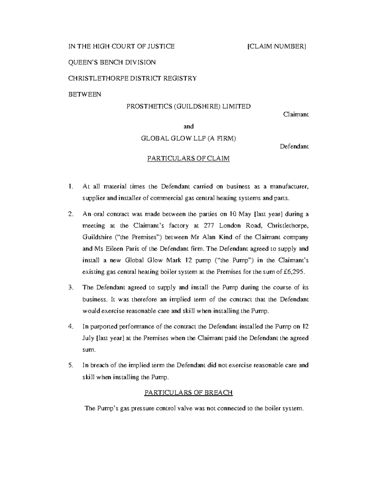 Activity 1 statements of case - IN THE HIGH COURT OF JUSTICE [CLAIM ...