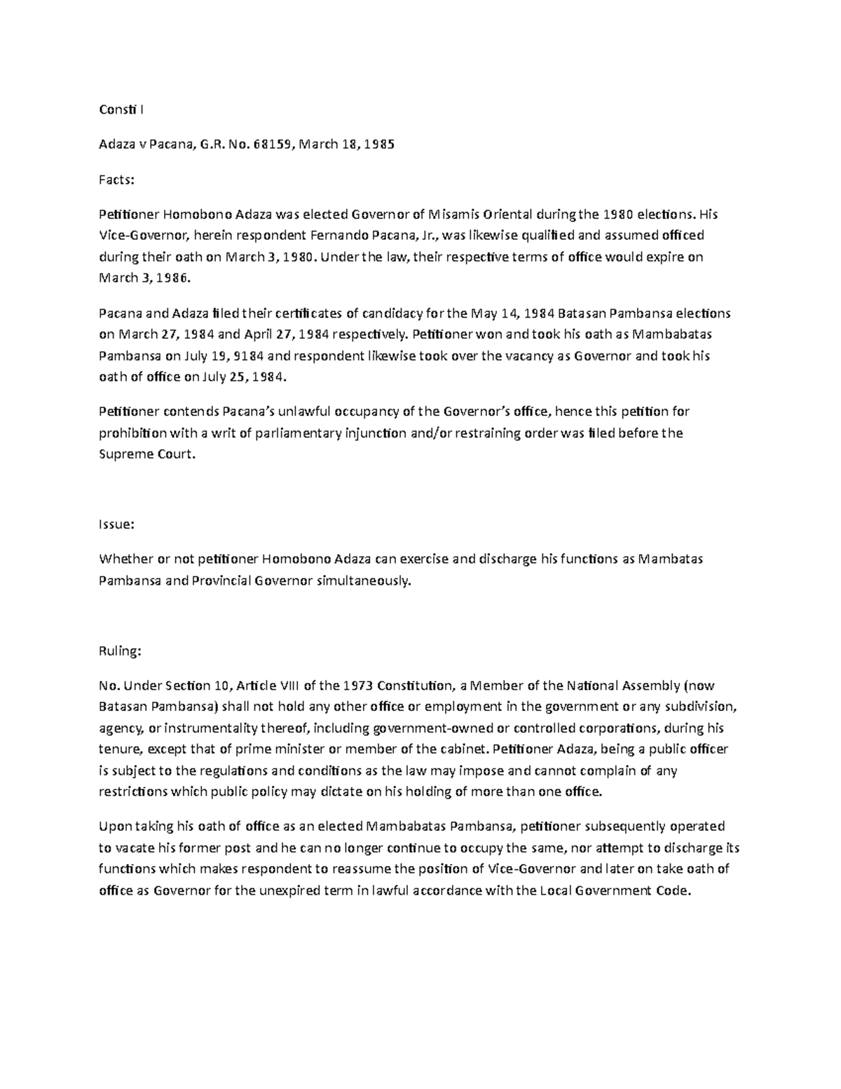 Digested Adaza v Pacana - Consti I Adaza v Pacana, G. No. 68159, March ...