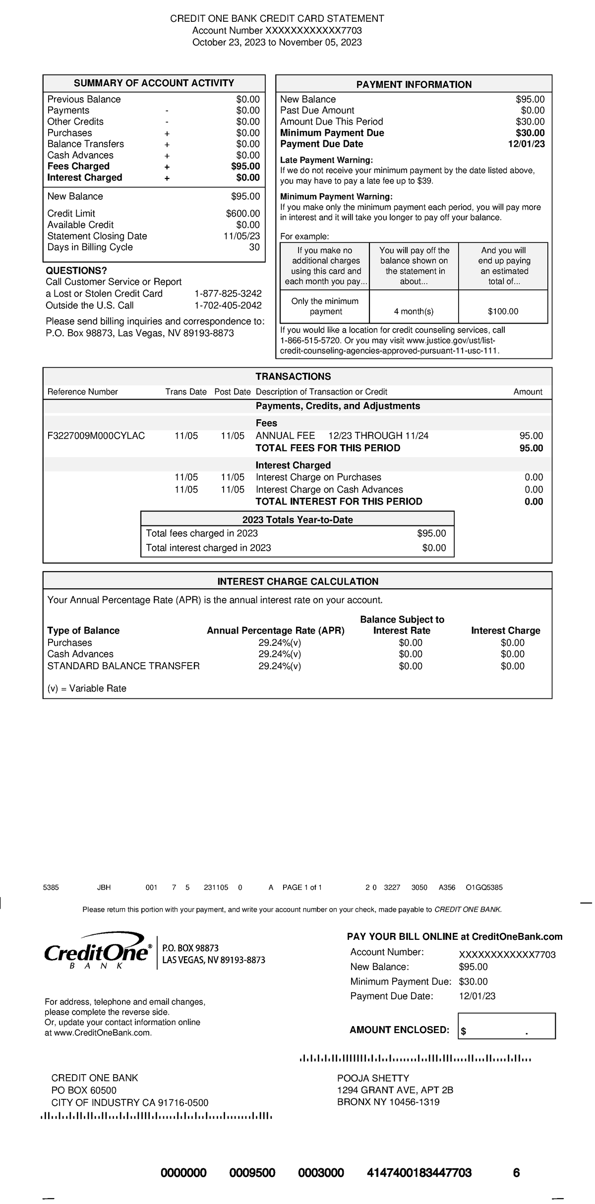 Statementt - Good information - CREDIT ONE BANK CREDIT CARD STATEMENT