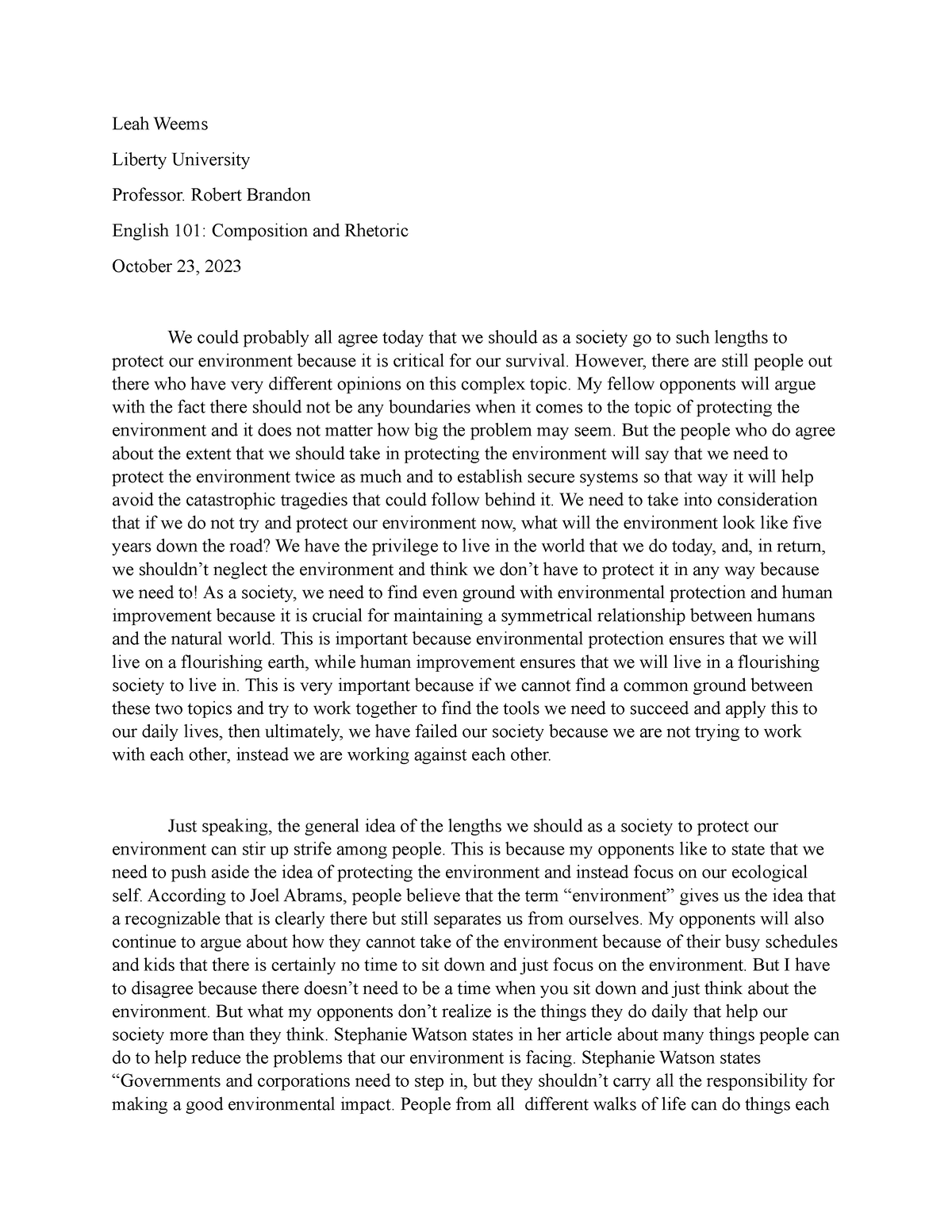 English essay - Summary Composition and Rhetoric - Leah Weems Liberty ...