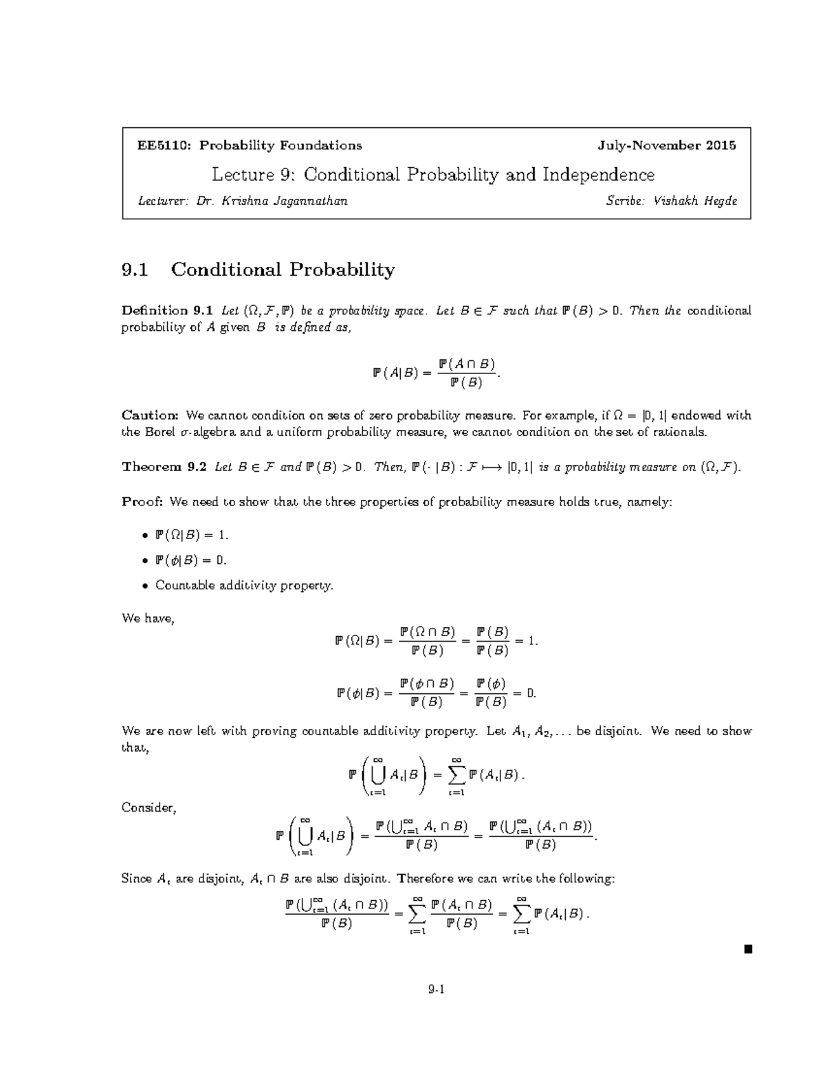 Lecture 9 Conditioning and Independence - EE5110: Probability ...