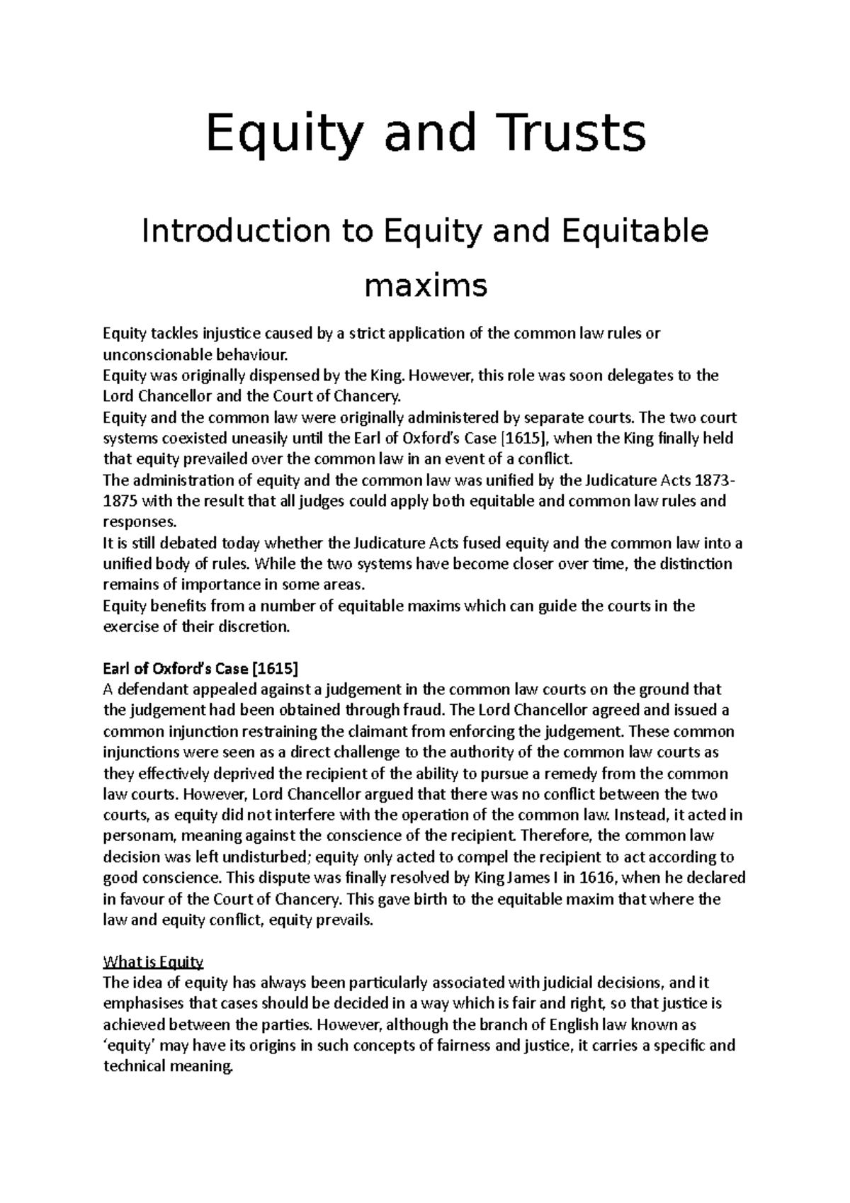 Equity and Trusts Notes - Equity and Trusts Introduction to Equity and ...