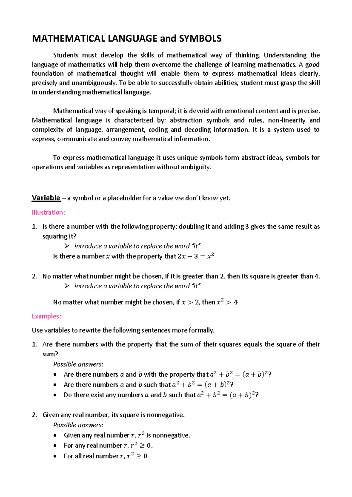 Pdf Mathematical Language and Symbols - MATHEMATICAL LANGUAGE and ...