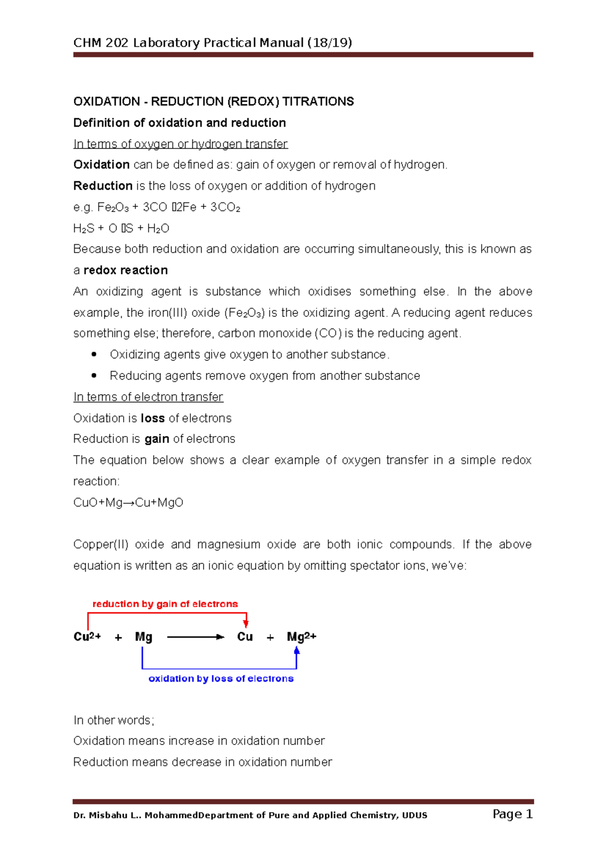 CHM 202 Manual OXIDATION REDUCTION (REDOX) TITRATIONS Definition of