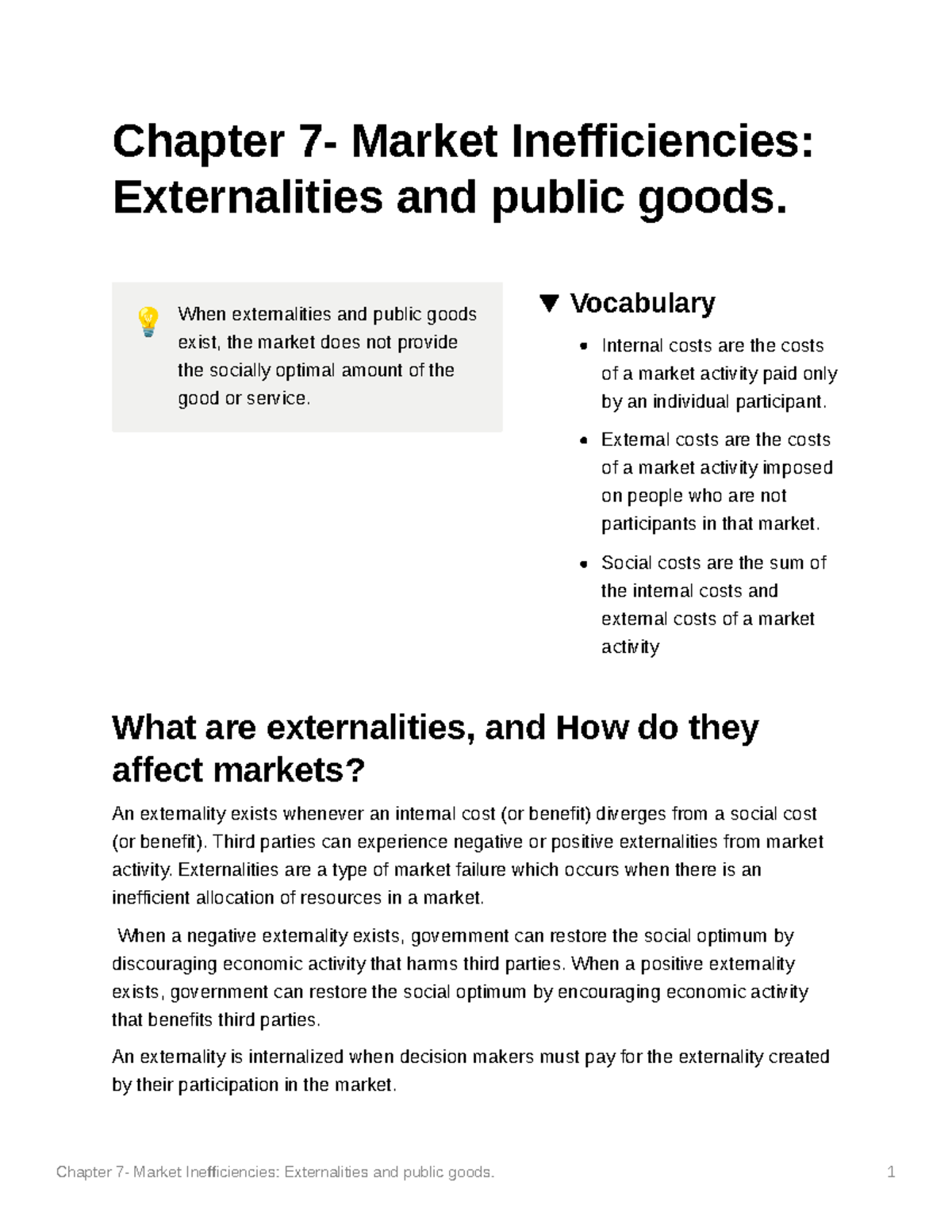 Chapter 7- Market Inefficiencies Externalities And Public Goods - 1 ...