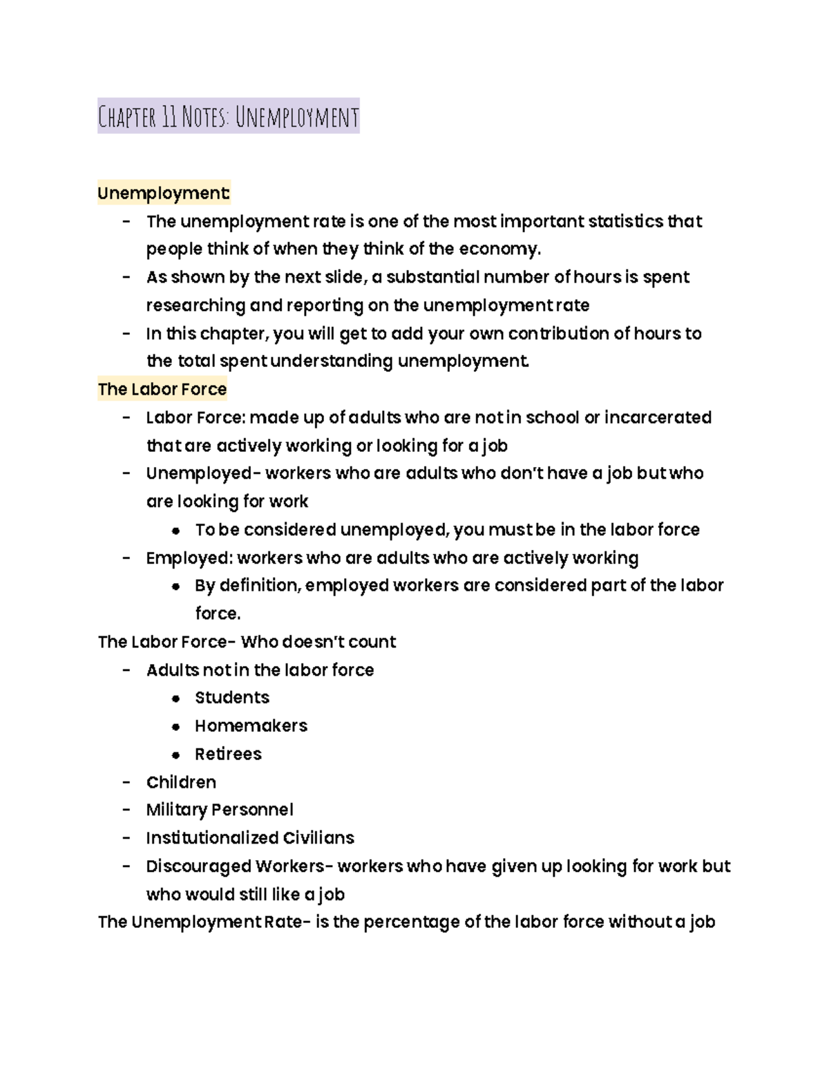 Chapter 11 notes Chapter 11 Notes Unemployment Unemployment The unemployment rate is one