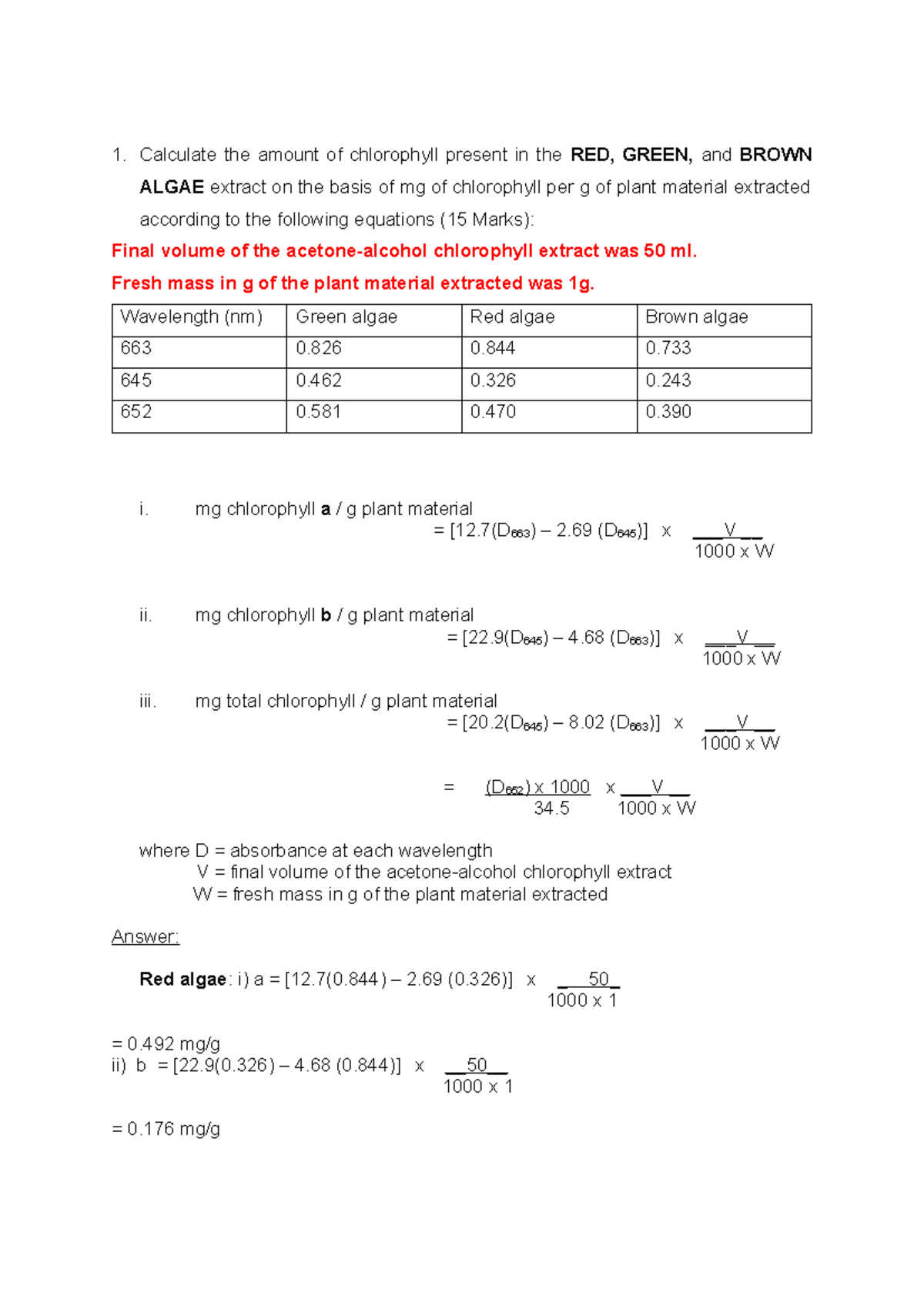 Bio prac 2 - Calculate the amount of chlorophyll present in the RED ...