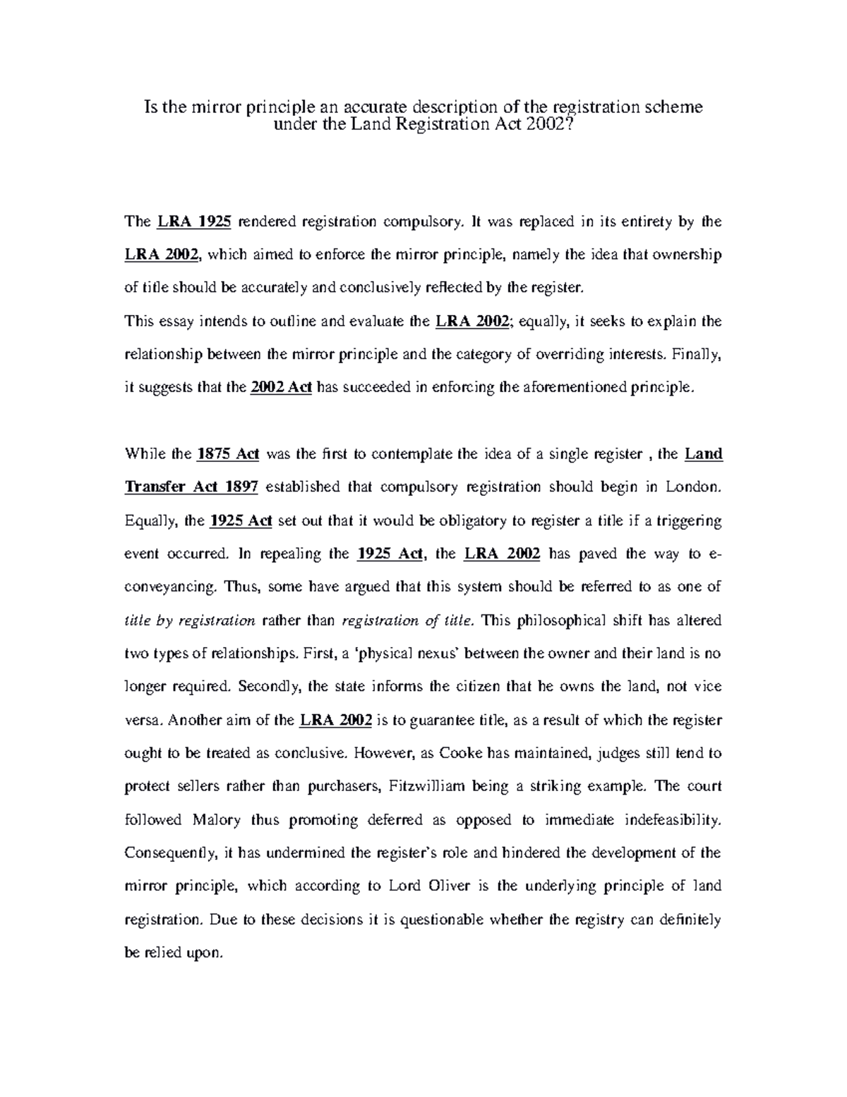 Land Law Formative 1 Is the mirror principle an accurate description