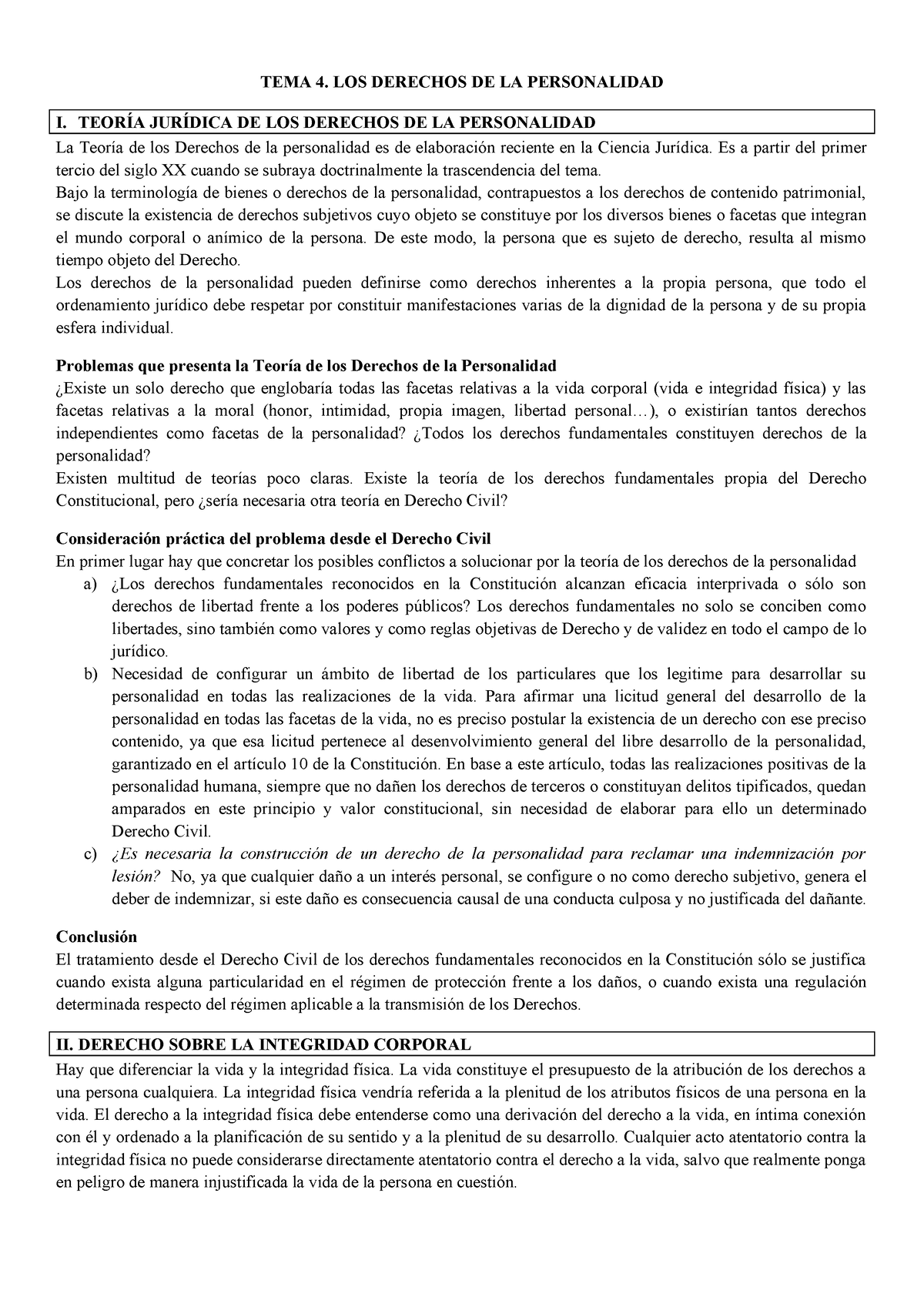 Tema 4 Civil - Apuntes - TEMA 4. LOS DERECHOS DE LA PERSONALIDAD I ...