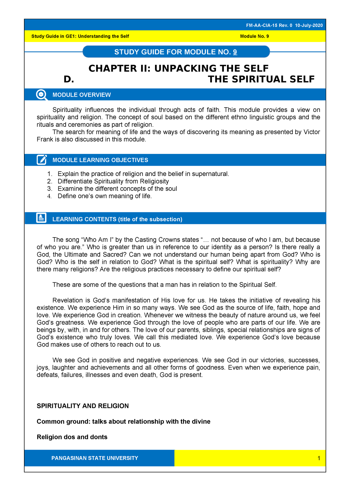 GE1-Module-9-Spiritual-Self - STUDY GUIDE FOR MODULE NO. 9 Study Guide ...