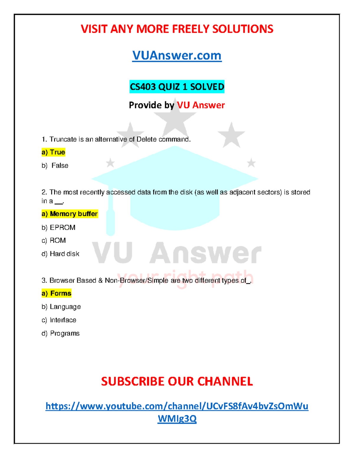 CS403 Quiz 1 Solved By VU Answer - VUAnswer SUBSCRIBE OUR CHANNEL ...