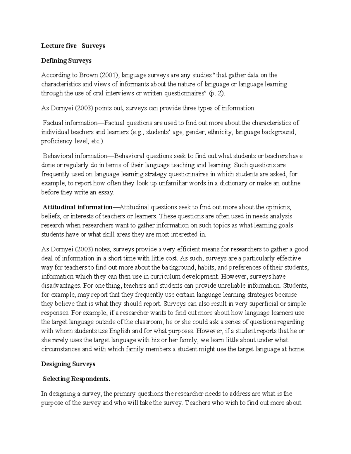 5- Lecture 5 lecture - Lecture five Surveys Defining Surveys According ...