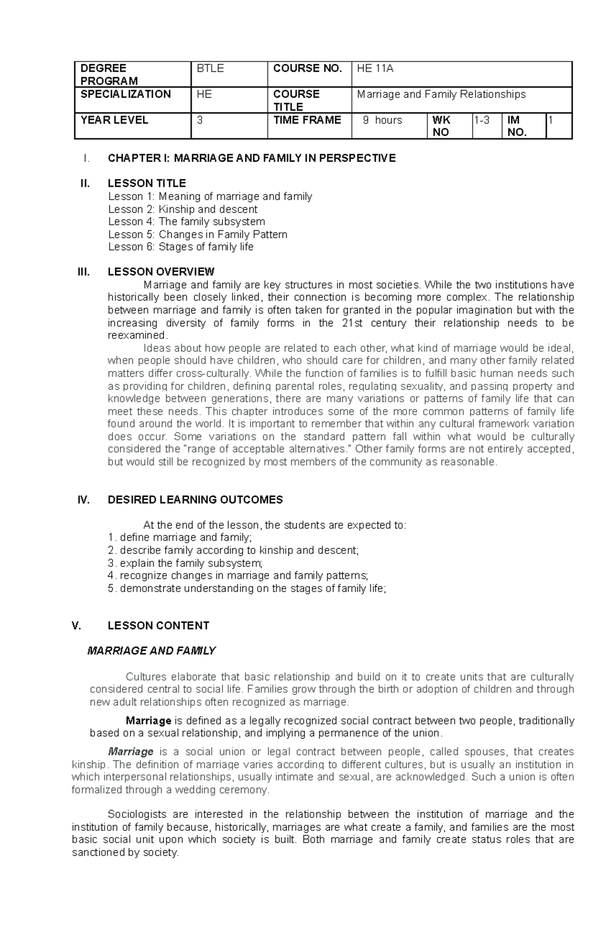 HE 11A Module 1 - Home Economics - DEGREE PROGRAM BTLE COURSE NO. HE ...