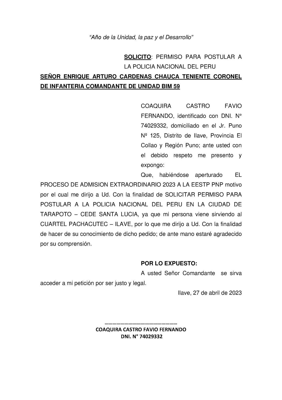 Solicito Permiso - “Año de la Unidad, la paz y el Desarrollo” SOLICITO ...