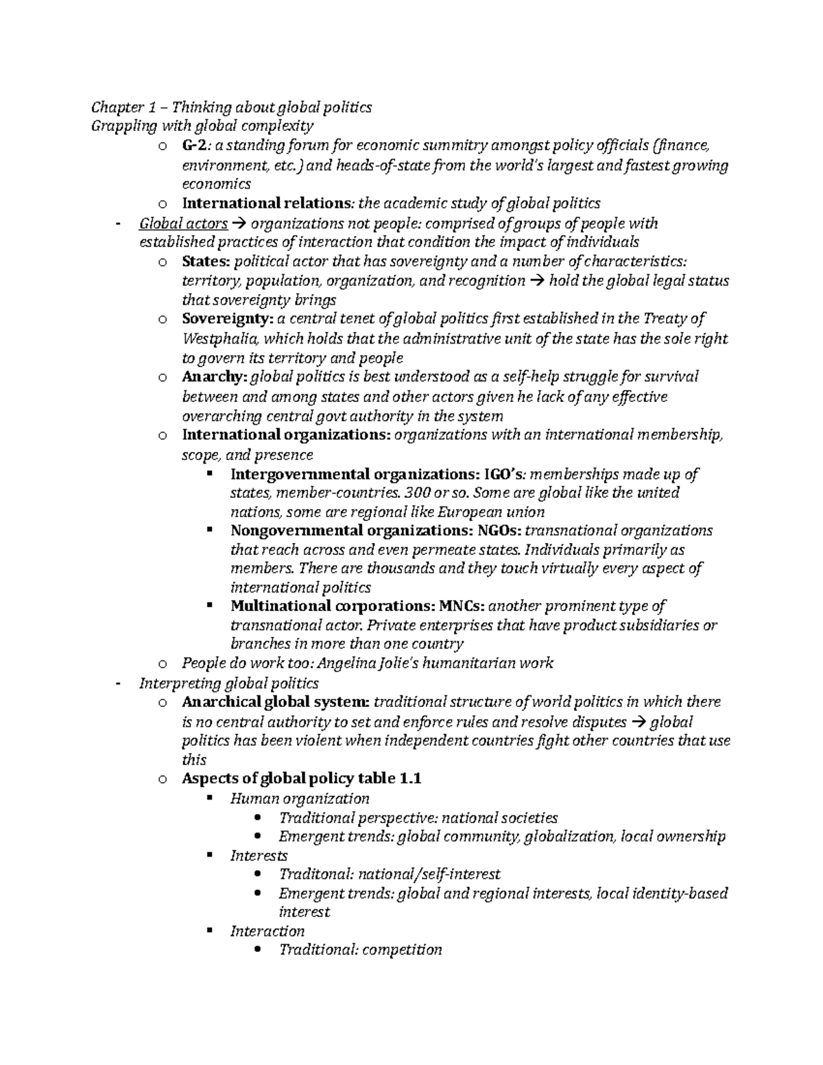 240 SG exam 1 - Summary Introduction to Global Politics - Chapter 1 ...