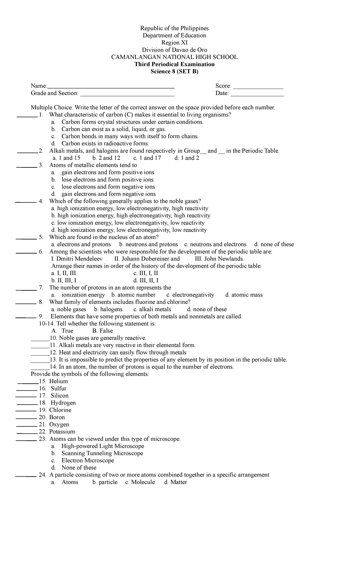 Third Periodical Exam Set B Republic Of The Philippines Department Of Education Region Xi 5907