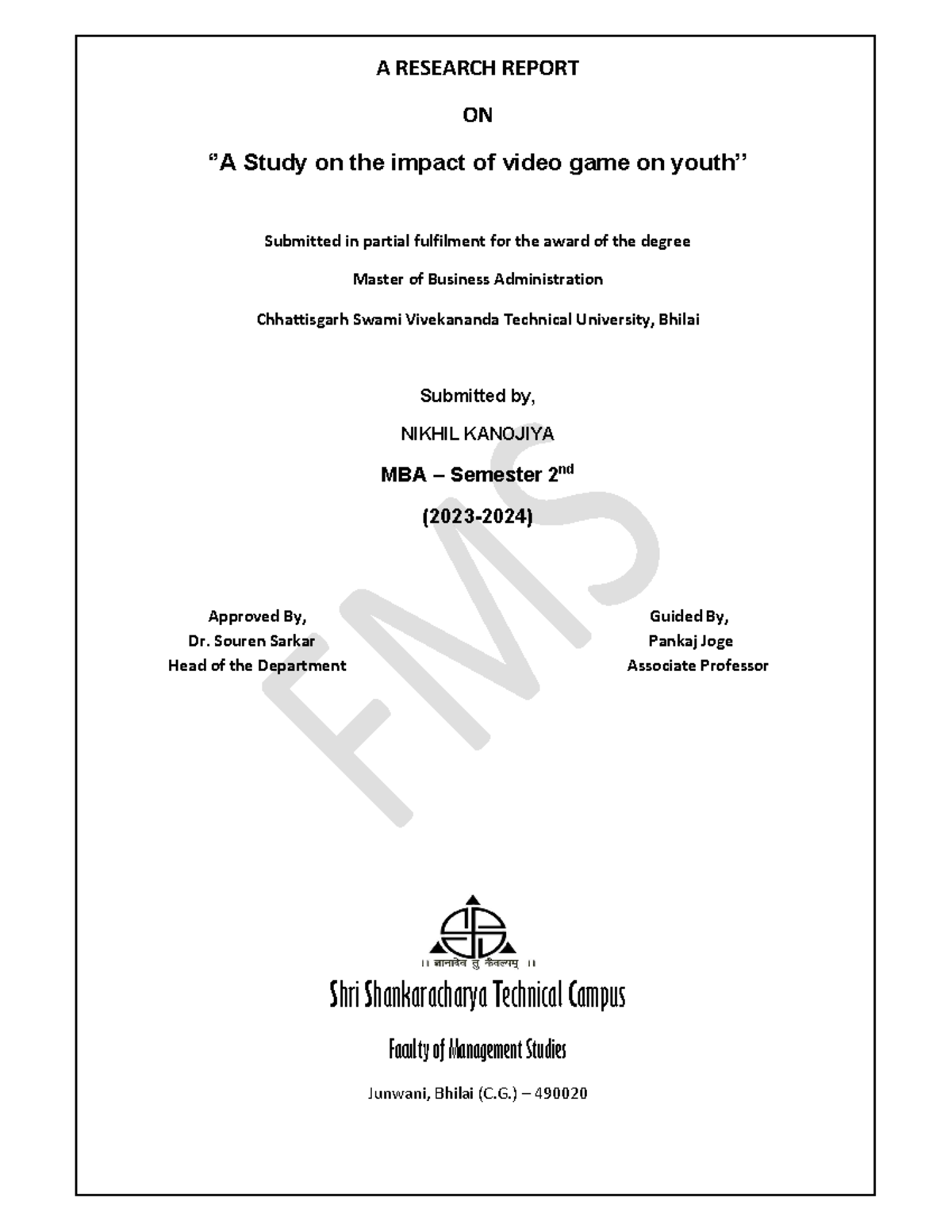 project impact of video game on youth - A RESEARCH REPORT ON ‘’A Study ...