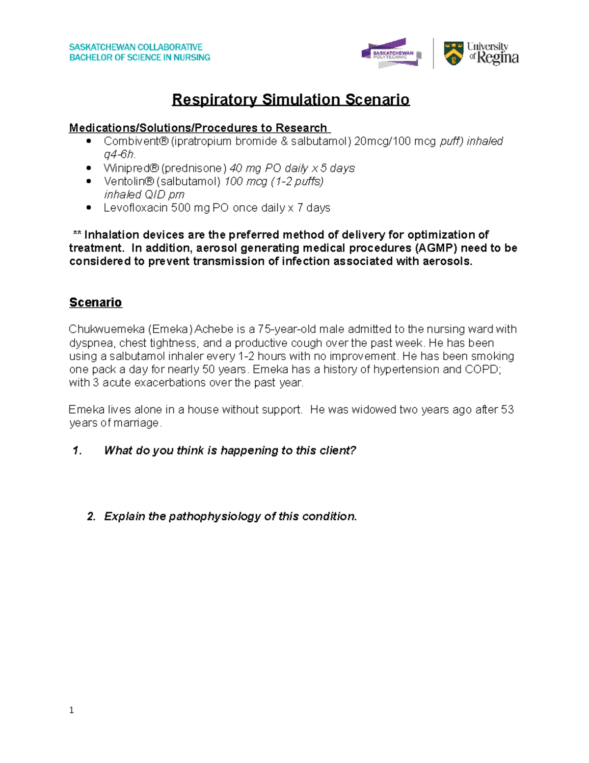 Respiratory Scenario Student Version Respiratory Simulation Scenario