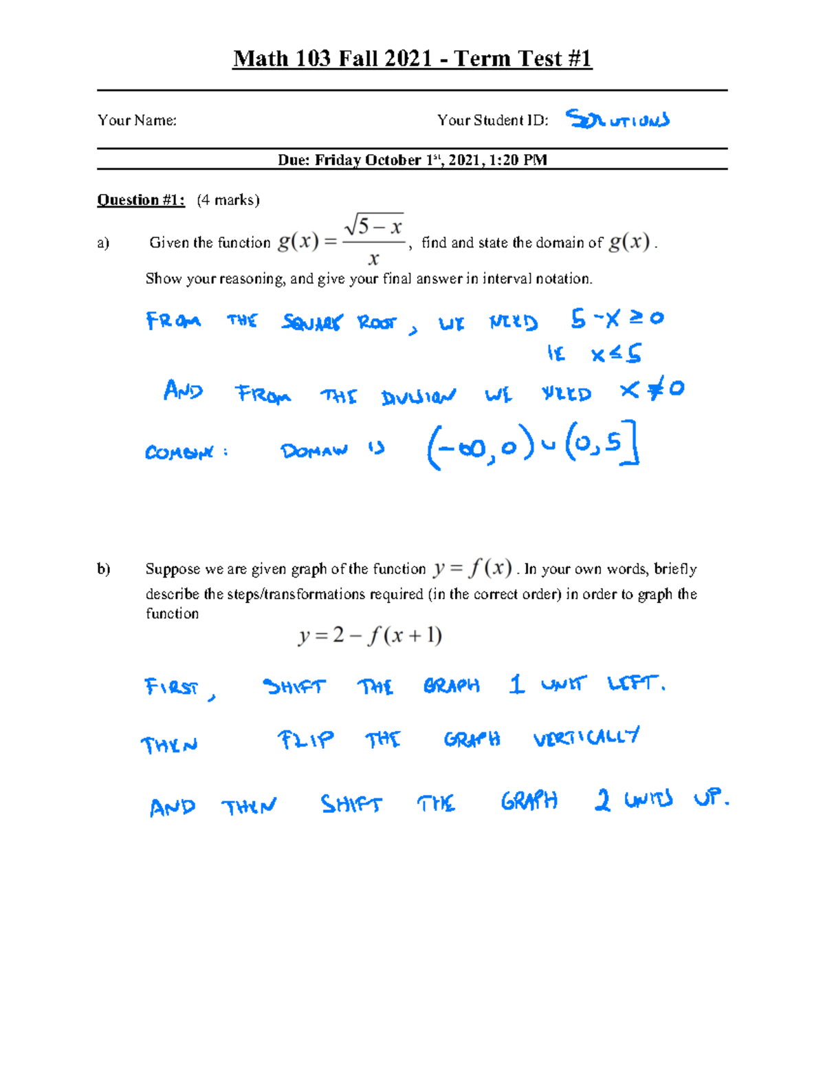 M103 termtest 1 Solutions - Math 103 Fall 2021 - Term Test # Your Name ...