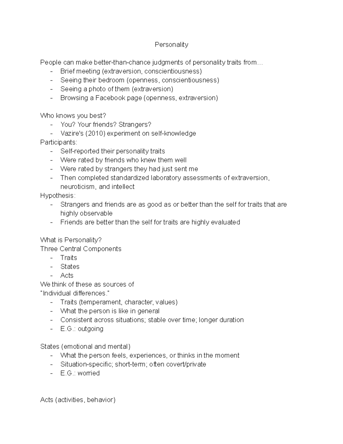 Personality - Lecture notes for PSY 202 Professor Jeffery Measles ...