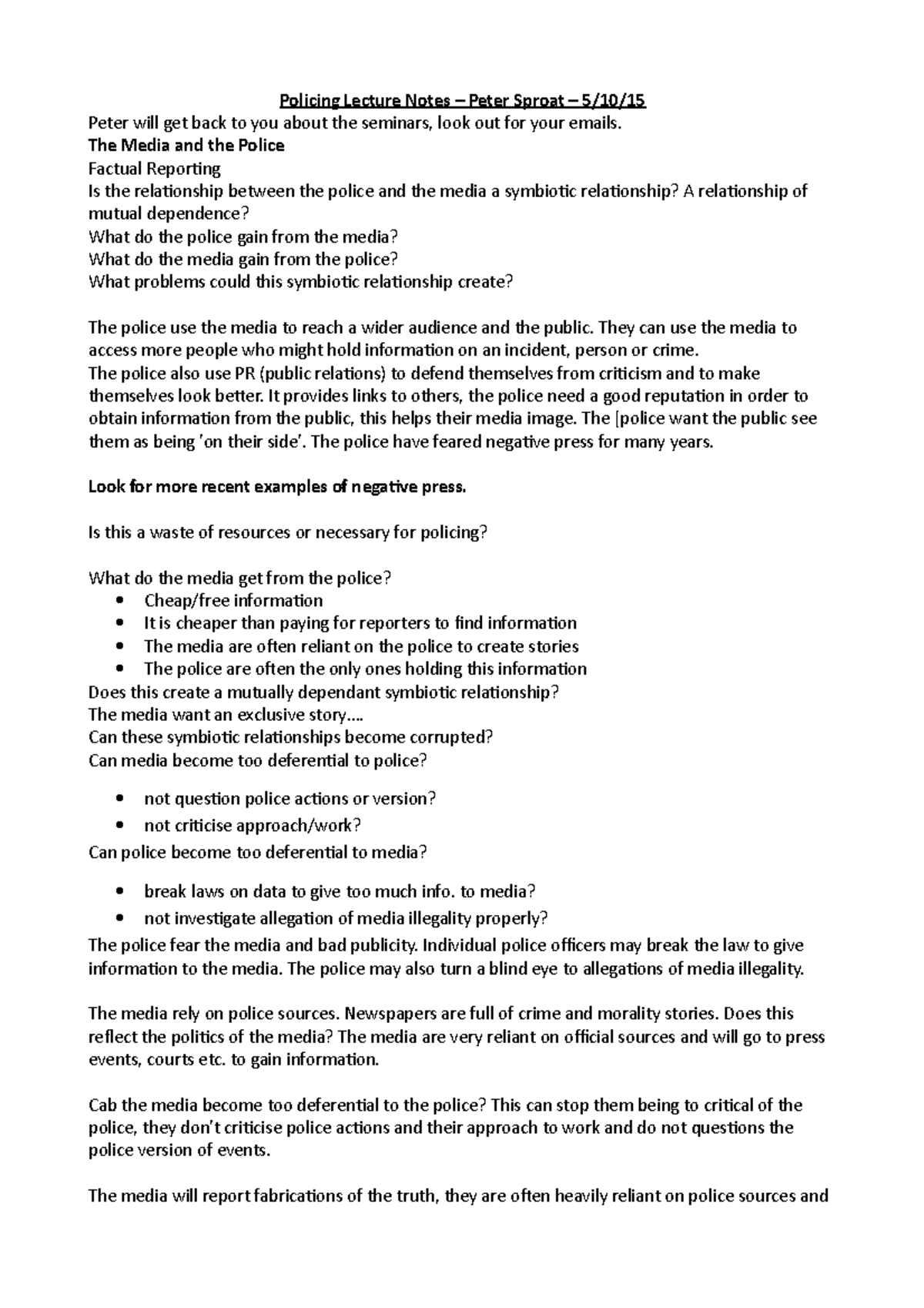 Policing 5-10-15 - Summary of lecture - Policing Lecture Notes Peter ...