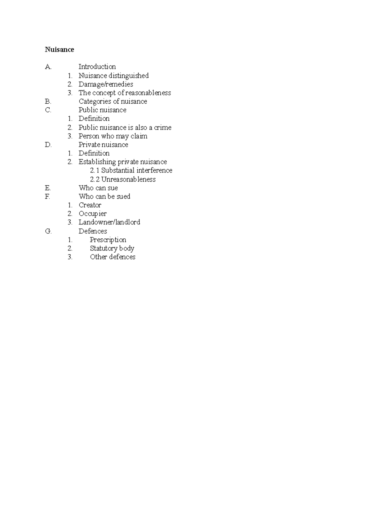 Nuisance - Topic 1 - Nuisance A. Introduction 1. Nuisance distinguished ...