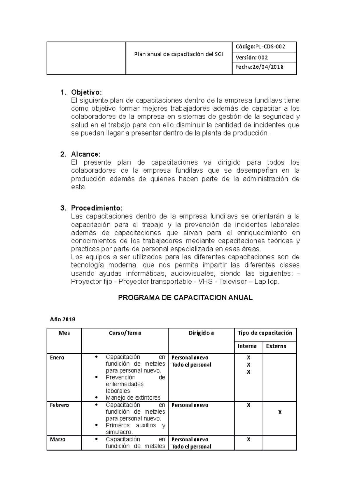 Plan Anual De Capacitación Del SGI PL-CDS-002 - Plan Anual De ...