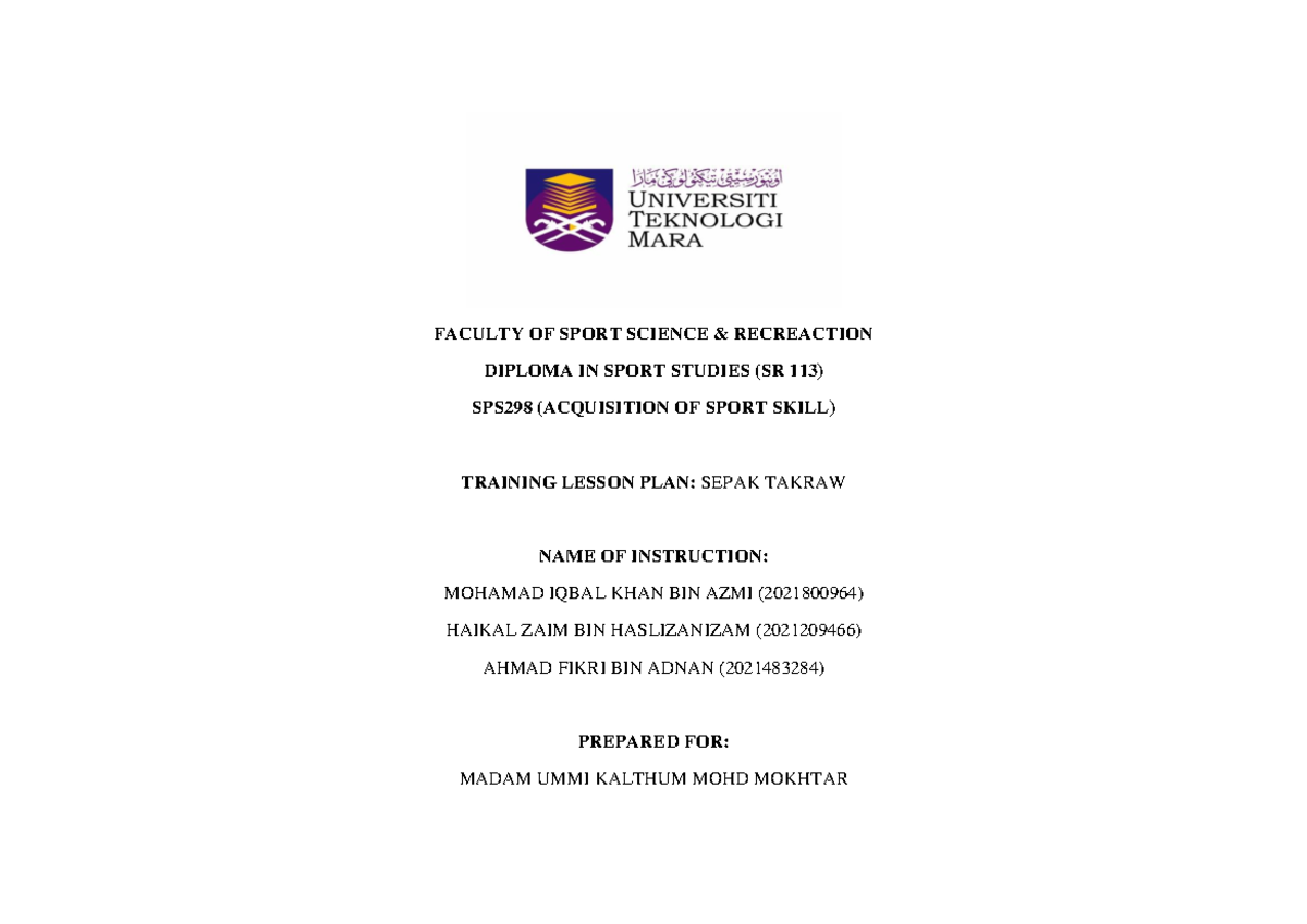 Lesoon Plan ( Group 7 ) - Lesson plan - FACULTY OF SPORT SCIENCE ...