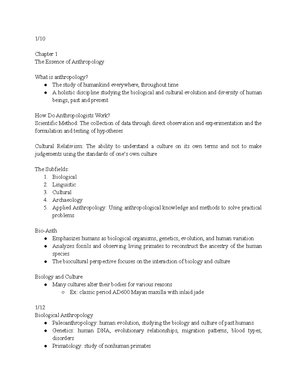 Anth 102 Exam 1 notes - Professor Rollins - 1/ Chapter 1 The Essence of ...