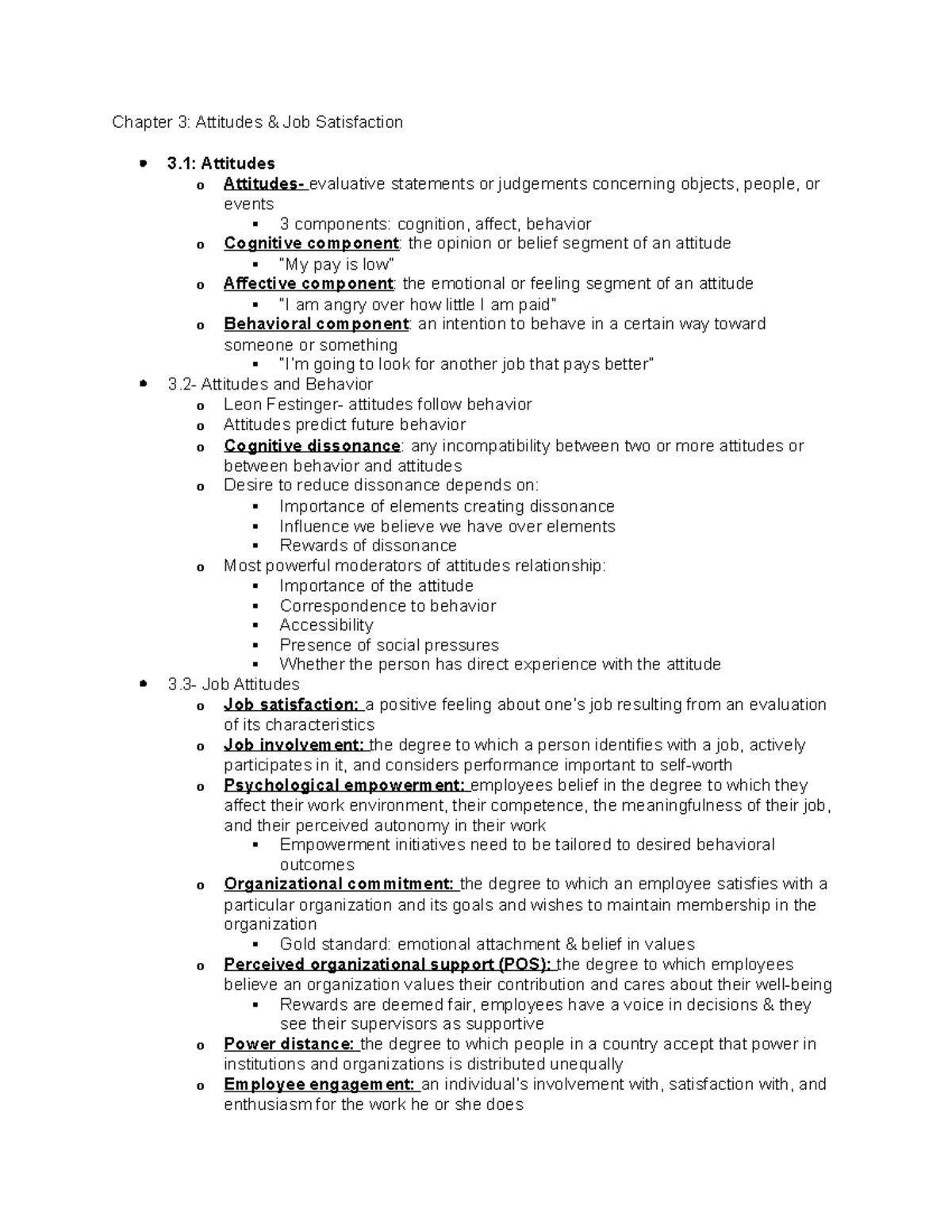 Chapter 3 Notes - Chapter 3: Attitudes Job Satisfaction 3: Attitudes O ...