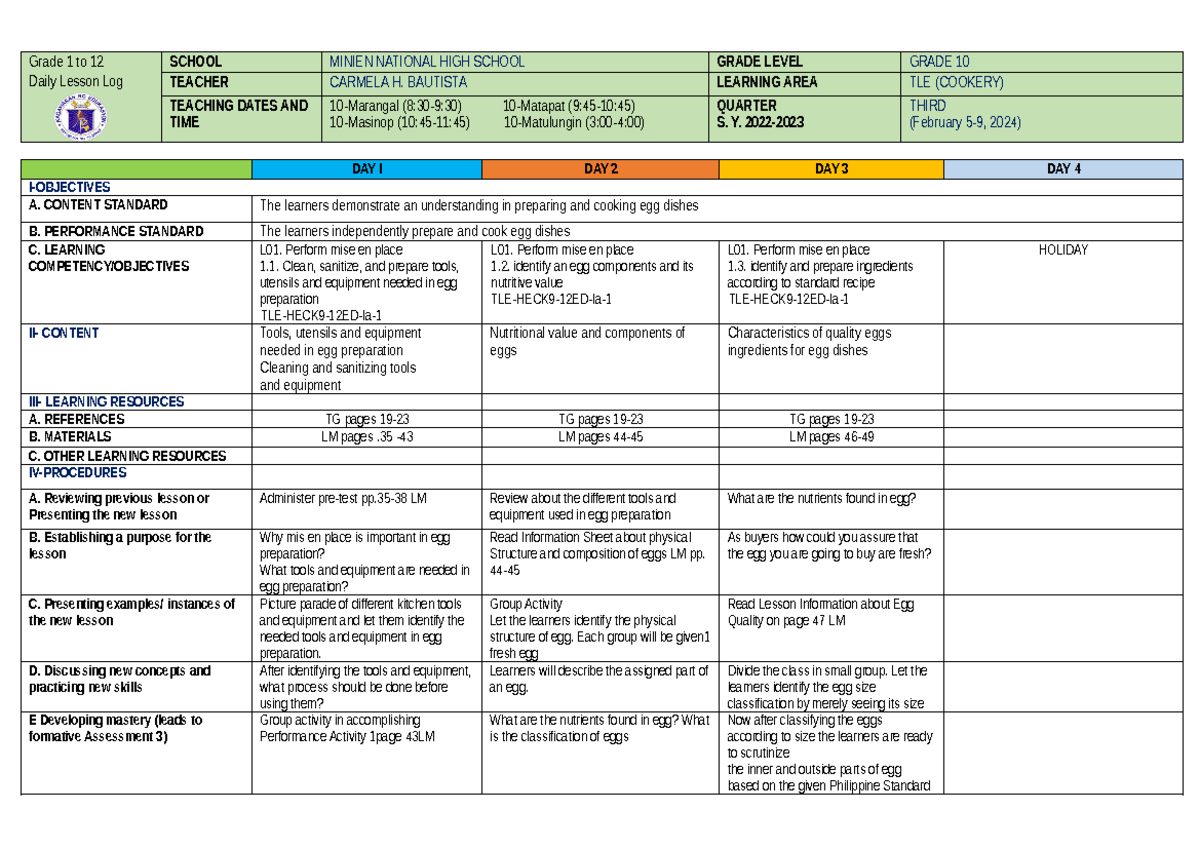 February 5-9 - Grade 1 to 12 Daily Lesson Log SCHOOL MINIEN NATIONAL ...